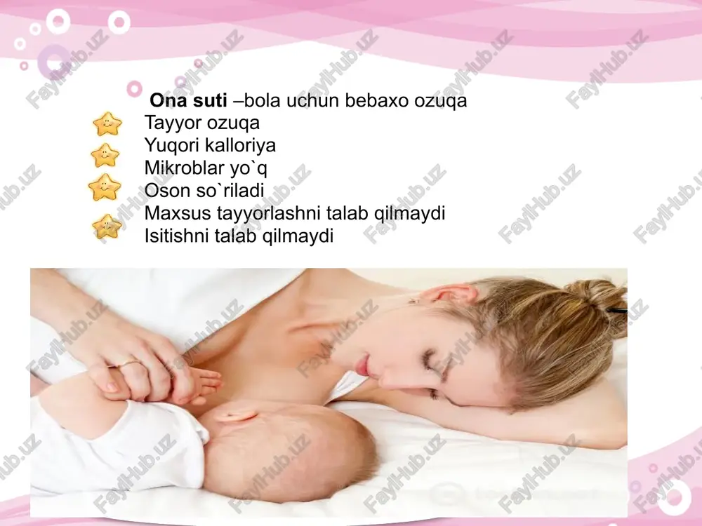r uchun temirga boy, vitaminlar bilan aralash ovqatlantirish usullari 1. ona suti yetarli emas, qo‘shimcha berish zarur bo‘lsa avval bola ko‘krakdan emiziladi. so‘ngra kerakli miqdorda formula beriladi. bu usul ona sutini kamayib ketishini oldini oladi. 2. smenli (navbatma-navbat) ovqatlantirish bir marta emizishda faqat ona suti, keyingi ovqatlantirishda faqat formula beriladi. odatda ona suti juda kam bo‘lganda qo‘llanadi. taxminiy tartib (0–6 oy) yosh (oy) kuniga ovqatlanish soni tartib 0–1 oy 7–8 marta avval ona suti, keyin kerak bo‘lsa formula qo‘shiladi 2–3 oy 6–7 marta 1–2 mahal formula, qolganida ona suti 4–5 oy 6 marta yarim kun ona suti, yarim kun formula 6 oy 5 marta ona suti + formula, qo‘shimcha ovqat kiritila boshlanadi qo‘shimcha ovqat -- oziqlanish ratsionoga ko‘krak sutidan tashqari kiritiladigan konsentratsiyasi yuqoriroq yangi oziq mahsuloti bo‘lib, organizmning oqsil, uglevod, yog‘ va mikroelementlarga bo‘lgan ehtiyojini qoplaydi. qo‘shimcha ovqatlar sut mahsulotlariga qaraganda o‘simlik oqsili, yog‘ kislotalari, o‘simlik yog‘i, uglevodlarga boy. konsistensiyasi …