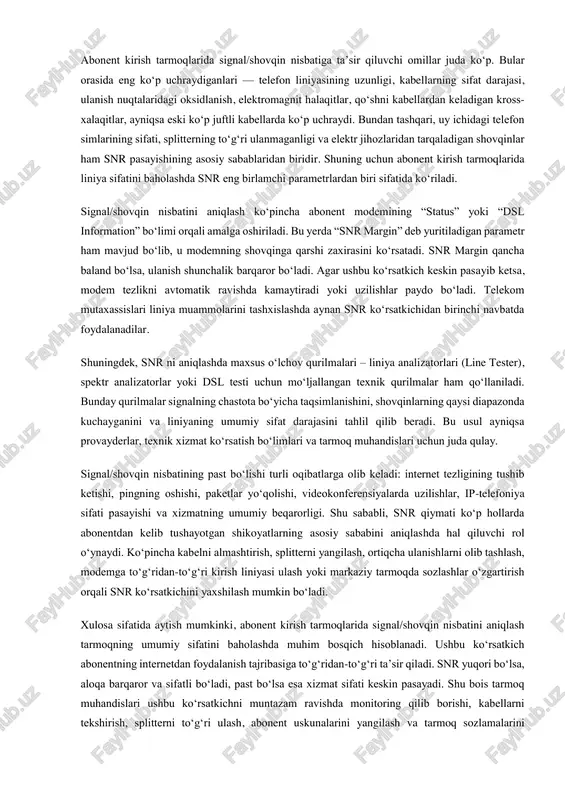 tai nazaridan tavsiya etilmaydi. shuningdek, wi-fi kanallarini to‘g‘ri tanlash ham muhim, chunki qo‘shni routerlar bilan bir xil kanalda ishlash signalning sustlashishiga sabab bo‘ladi. adsl modemining texnik ko‘rsatkichlari “status” bo‘limida real vaqt rejimida ko‘rsatilib turadi. bu yerda liniya shovqini (noise margin), liniya qarshiligi, yuklama (attenuation), yuklab olish va yuklash tezligi (downstream/upstream rate) kabi ko‘rsatkichlarni kuzatish mumkin. masalan, noise margin past bo‘lsa, liniyada shovqin yuqori, attenuation katta bo‘lsa, masofa uzoq yoki kabel sifati pastligini anglatadi. shu ko‘rsatkichlarga qarab modemning texnik holati haqida xulosa qilish mumkin. xulosa qilib aytganda, adsl qurilmasini sozlash jarayoni bir nechta texnik bosqichlarni o‘z ichiga oladi: jismoniy ulanishlarni tekshirish, modem interfeysiga kirish, ulanish ma’lumotlarini kiritish, splitterdan to‘g‘ri foydalanish, wi-fi parametrlarini belgilash va liniya sifatini nazorat qilish. ushbu amaliy bosqichlarning barchasi adsl tarmog‘ining barqaror, tezkor va xavfsiz ishlashiga xizmat qiladi. zarur sozlashlar o‘z vaqtida va to‘g‘ri bajarilgan taqdirda, adsl texnologiyasi hamon ko‘plab foydalanuvchilar uchun ishonchli va samarali internet manbai bo‘lib …