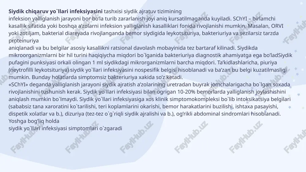 vchi bo`lishi mumkin. davolash. o`tkir sistit tartib yotokli bo`lishi lozim. juda o`g`riqli siyish xolatlarida bolani iliq 0,02% furatsillin eritmasi yoki romashka qaynatmasidan (10:1000) iborat vannaga o`tqizilsa xolati yengillashadi. vannalar vulvovaginitlarda ham tavsiya etiladi. fizioterpiya ham kursatilgan: siydik pufagiga uvch, svch. diurezni kuchaytirish va siydik yo`llarini yaxshirok yuvish uchun bolaga ko`p miqdorda suyuqlik beriladi (shakarli choy va vitaminli sharbatlar). parxez odatdagiday, lekin ekstraktiv va achchik moddalar inkor kilinadi. mineral suvlar buyurilishi maksadlidir. agar kasallik og`ir kechsa va anoreksiya, kayt qilish, suvsizlanish kuzatilsa, suyuqliklar (5% glyo`qozani 2 kismi va ringer eritmasini 1 kismi) vena ichiga tomchilab yuborish kerak bo`ladi. antibiotiklar buyuriladi (ampioks, amoksitsillin, zinnat, amoksikav va b.), kuchli o`g`riqlarda - baralgin, no-shpa, papaverinli sham va x.k. buyuriladi. antibakterial davo davomiyligi 7-14 kun. antibiotik yoki uroseptiklarni asimptomatki bakteriuriya va buyraklarni normal qonsentratsion faoliyatida buyurish tavsiya etilmaydi. yengil turlarida bisetol, negram, furadonin kullanilishi mumkin. agar bolada ostritsalar bo`lsa, o`tkir belgilarni bartaraf kilgach ularni davolashga …