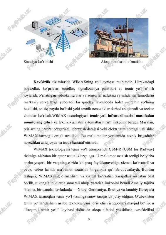 hga xizmat qiladi. temir yo’l stansiyasi temir yo‘l transportida aloqa va ma’lumot uzatish tizimlarining zamonaviy talablari temir yo‘l transportida aloqa va ma’lumot uzatish tizimlarining zamonaviy talablari bugungi raqamli texnologiyalar davrida nihoyatda muhim o‘rin tutadi. chunki temir yo‘l tizimi nafaqat yo‘lovchi va yuk tashish jarayonlarini, balki harakat xavfsizligi, dispetcherlik boshqaruvi, texnik nazorat va favqulodda holatlarda tezkor aloqa tizimini ham o‘z ichiga oladi. zamonaviy temir yo‘l tarmoqlari tobora avtomatlashtirilgan va raqamlashtirilgan tizimlarga o‘tib borayotganligi sababli, ular uchun aloqa va ma’lumot uzatish tarmoqlariga qo‘yiladigan talablar ham ancha yuqori darajada bo‘lishi kerak. birinchi va eng muhim talab — aloqaning uzluksizligi va barqarorligidir. temir yo‘l transporti o‘ziga xos infratuzilma bo‘lib, u uzoq masofalarga cho‘zilgan liniyalar, turli iqlim va relyef sharoitlarini o‘z ichiga oladi. shuning uchun harakatdagi poyezdlar va stansiyalar o‘rtasidagi aloqa hech qanday uzilishlarsiz, barqaror va real vaqt rejimida amalga oshirilishi lozim. masalan, poyezd tezligi 100–200 km/soat bo‘lgan sharoitda signal uzilishi yoki kechikishi xavfsizlikka jiddiy …