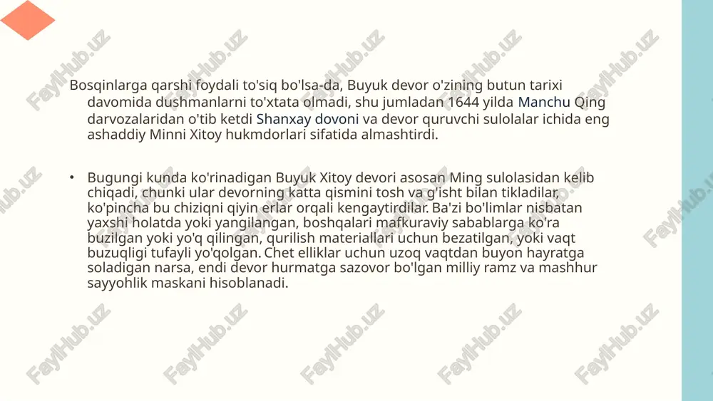 oddan avvalgi) general nan zhongga buyruq bergan (南 仲) dan himoya qilish uchun shimoliy mintaqalarda devor qurish sianyun. qudratining asosi ordos mintaqasida bo'lgan sianyunlar aravachilikning bir qismi sifatida qaraldi rong qabilalar, va ularning hujumlari erta chjou poytaxt mintaqasiga qaratilgan haojing ehtimol shoh syuanning javobiga sabab bo'lgan. nan zhongning kampaniyasi ajoyib g'alaba sifatida qayd etildi. biroq, faqat bir necha yil o'tgach miloddan avvalgi 771 yilda rong xalqining yana bir tarmog'i, quanrong, renegade tomonidan chaqiruvga javob berdi shenning markasi chjou mudofaasini haddan tashqari oshirib, poytaxtga axlat tashlab. kataklizmik voqea qirol syuanning o'rnini egalladi podshohim (795–771 miloddan avvalgi), sudni poytaxtni sharqda chengjouga ko'chirishga majbur qildi (成 周, keyinchalik sifatida tanilgan luoyang ) bir yil o'tib, va shu tariqa sharqiy chjou sulolasi (770–256 miloddan avvalgi). eng muhimi, g'arbiy chjuning qulashi chjou nominal hukmronligini tan olgan davlatlarga hokimiyatni qayta tarqatdi. sharqiy chjoular sulolasining hukmronligi qonli davlatlararo anarxiya bilan ajralib turardi. kichik davlatlar qo'shilib, yirik davlatlar …