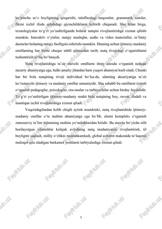 i nutq uslublarida gapira olishi kabi ko‘nikmalarni o‘z ichiga oladi. nutq muvaffaqiyatli rivojlangan shaxs jamiyatda faol muloqotga kirisha oladi, ta’limda muvaffaqiyatga erishadi va ijtimoiy hayotda o‘zini erkin namoyon eta oladi. nutq rivojlanishining bosqichlari nutq rivojlanishi bosqichma-bosqich ro‘y beradigan murakkab jarayondir. har bir bosqichning o‘ziga xos psixologik va til o‘rganish xususiyatlari mavjud. olimlar (vigotskiy, elkonin, luriya, piaget) fikriga ko‘ra, nutq rivoji quyidagi asosiy bosqichlarda kechadi: tug‘ilishdan 1 yoshgacha bo‘lgan davr bu davrda bola hali so‘zlamasada, nutqning fiziologik asoslari shakllanadi. u nutq tovushlariga sezgir bo‘lib boradi, kattalarning gaplarini odatda his-tuyg‘u sifatida qabul qiladi. bu davrning asosiy bosqichlari quyidagicha: · guldirash (2–3 oy): bola turli tovushlar chiqaradi, atrofdagilarning ovoziga javob qaytaradi. · buldurash (6–7 oy): “ba-ba”, “ma-ma”, “da-da” kabi takroriy bo‘g‘inlar paydo bo‘ladi. · bir nechta so‘zlarni tushunish (9–12 oy): bolaning passiv lug‘ati yuzlab so‘zlarni o‘z ichiga ola boshlaydi. bu bosqich nutqning kelajakdagi rivojiga poydevor yaratadi. bir yoshdan ikki yoshgacha bo‘lgan davr bu …