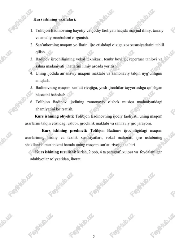 y o‘zbek musiqa madaniyatidagi ahamiyatini ko‘rsatish. kurs ishining obyekti: tolibjon badinovning ijodiy faoliyati, uning maqom asarlarini talqin etishdagi uslubi, ijrochilik maktabi va sahnaviy ijro jarayoni. kurs ishining predmeti: tolibjon badinov ijrochiligidagi maqom asarlarining badiiy va texnik xususiyatlari, vokal mahorati, ijro uslubining shakllanish mexanizmi hamda uning maqom san’ati rivojiga ta’siri. kurs ishining tuzulishi: kirish, 2 bob, 4 ta paragraf, xulosa va foydalanilgan adabiyotlar ro`yxatidan, iborat. i bob. tolibjon badinov ijodining shakllanishi va maqom san’atidagi o‘rni 1.1. tolibjon badinovning hayoti, ijodiy faoliyati va maqom yo‘lidagi ustozlari. tolibjon badinov o‘zbekiston milliy musiqa san’ati, xususan, maqom ijrochiligi sohasida o‘zining betakror mahorati, badiiy didi, keng ovoz imkoniyatlari va sermahsul ijodi bilan yuksak obro‘-e’tibor qozongan san’atkorlardan biridir. u o‘zining tabiiy iste’dodi, kuchli mehnatsevarligi, an’anaviy maqom ijrochiligi maktabiga sadoqati va chuqur nazariy-amaliy bilimlari tufayli zamonaviy maqom san’atining etakchi vakili sifatida tanilgan. uning ijodiy yo‘li nafaqat shaxsiy kamolot tarixi, balki o‘zbek maqom maktabining boy an’analarini davom ettirish va …