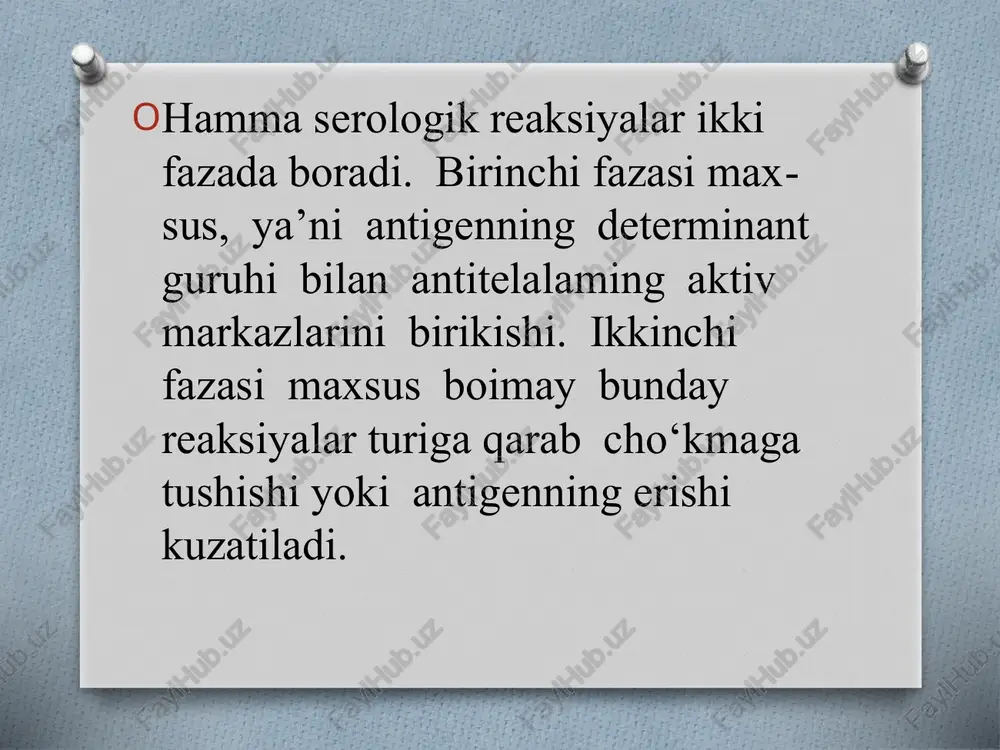ga bo’lgan tekshirish usuli hisoblanadi. tekshirilayotgan odamdan olingan namunadagi genetik material (dnk,rnk) ga asoslanib, yuqumli kasallik qo’zg’atuvchisi aniqlanadi. pzr odamlar organizmida bo’lgan infektsiya turini aniqlabgina qolmasdan, mikroblar miqdorini aniqlash imkoniyatiga ham ega. pzr usuli bilan quyidagi infektsiyalar: gripp, gepatitning v va s turlari, torch infektsiyalar, qizamiq, qizilcha va boshqa turlari aniqlanadi. immunoferment analiz, yoki ifa –bu antigenlar, immunoglobulinlar, garmonlarning sifat va miqdorini aniqlash usulidir. ifa usuli yuqori sezgirlik va maxsuslikka ega. ifa diagnostikaning test-sistemalari yordamida ko’pgina infektsiyalar doirasi: vich-infektsiyasi, virusli gepatitlar, sitomegalovirus, gerpes, toksoplazmoz va boshqa infektsiyalar aniqlanadi. ifa yordamida qondagi kasallik qo’zg’atuvchilariga qarshi organizmda ishlab chiqarilgan (igg,iga,igm) antitelolar 5-6 soat davomida aniqlanadi. vaktsina va immun zardoblar e. djenner 1796y.- chin chechak vaktsinasini sigir chechagi virusidan tayyorlagan xix asrda l.paster – vaktsina nomini kiritgan (tovuq vabosiga, sibir yarasi, qutirish kasalligiga qarshi) 1890-1892y.bering va kitozato boʼgʼma qoʼzgʼatuvchisining toksinidan anatoksin olishni ishlab chiqqan vaktsinalar quyidagilarga javob berishi kerak: yuqori immunogenlik xususiyatga ega …