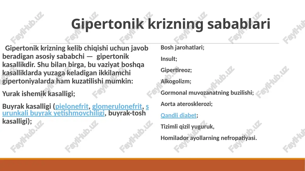 ylanishini yaxshilash uchun eufillin ishlatiladi. gipertonik krizlarda shuningdek diuretiklar ham samaralidir. statsionar sharoitida ishlatiladigan ko’plab dorilar aniq dozalashni talab qiladi va faqatgina malakali shifokorlar tomonidan berilishi mumkinligini yodda tutish kerak. bunday preparatlarni uy sharoitida, mustaqil qabul qilish fojiali oqibatlarga olib kelishi mumkin. gipertonik kriz paytida tinchlanish uchun validol tabletkasini, korvalol yoki valokardin tomchilarini, valeriana damlamasini qabul qilish kerak. bundan tashqari, bemor nafasni me’yorga keltirishi, uni bir tekis qilishi kerak. buning uchun, bir necha marta chuqur nafas olib chiqarish lozim. yordam ko’rsatishning boshqa usullari gipertonik krizda yotgan holatni egallash kerak. yurish va ba’zi jismoniy harakatlar qilinishi mumkin emas. ensaga sovuq kompress qo’llanilishi mumkin. bunday vaziyatda bemorga suyuqlik ichish tavisya etilmaydi, chunki suv qayt qilishga olib kelishi, u esa o’z navbatida qon bosimining yanada oshishiga olib kelishi mumkin. bundan tashqari, organizmdagi ortiqcha suyuqlik o’z-o’zidan bosimni oshiradi. agar bemorda nafas olishni qiyinlashitradigan tor yoki bo’yinni qisuvchi kiyim bo’lsa, ularni yechish yoki bo’yin atrofidagi …