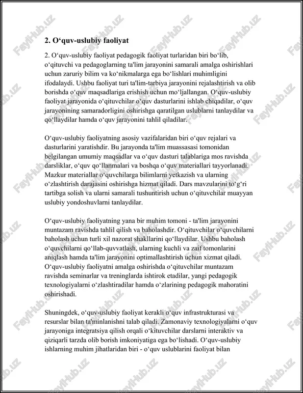 i nazarda tutadi. metodik faoliyatning asosiy maqsadi - ta'lim muassasasida ta'lim sifatini oshirish, o'qituvchilarning professional mahoratini yuksaltirish, o'quvchilar bilimi va ko'nikmalarining rivojlanishini ta'minlashdir. bu faoliyat davomida o'qituvchilar turli metodik qo'llanmalar, dars ishlanmalarini ishlab chiqadilar, ilg'or pedagogik texnologiyalarni o'zlashtiradilar va ulardan ta'lim jarayonida foydalanadilar. metodik faoliyatning asosiy yo'nalishlari quyidagilarni o'z ichiga oladi: 1. **metodik ishlar rejasi va dasturlar ishlab chiqish** - bu yo'nalishda o'qituvchilar o'quv dasturlari va rejalarini ishlab chiqadilar, ularning metodik jihozlanishini ta'minlaydilar. dasturlar pedagogik jarayonning maqsadlari va vazifalariga muvofiq ishlab chiqiladi. 2. **o'qituvchilarning kasbiy rivojlanishi** - metodik faoliyat o'qituvchilarning kasbiy mahoratini oshirishga yo'naltirilgan. bu doirada turli seminarlar, treninglar, uslubiy kengashlar, mahorat darslari tashkil etiladi. ular orqali yangi pedagogik yondashuvlar va texnologiyalar bilan tanishadilar. 3. **pedagogik tajriba va eksperimentlarni o'tkazish** - metodik faoliyat doirasida o'qituvchilar turli ta'lim jarayonlari bo'yicha tajribalar o'tkazadilar. bu tajribalar asosida yangi pedagogik usullar va yondashuvlar ishlab chiqiladi va amaliyotga joriy qilinadi. 4. **o'qituvchilarni ilmiy metodik faoliyatga …