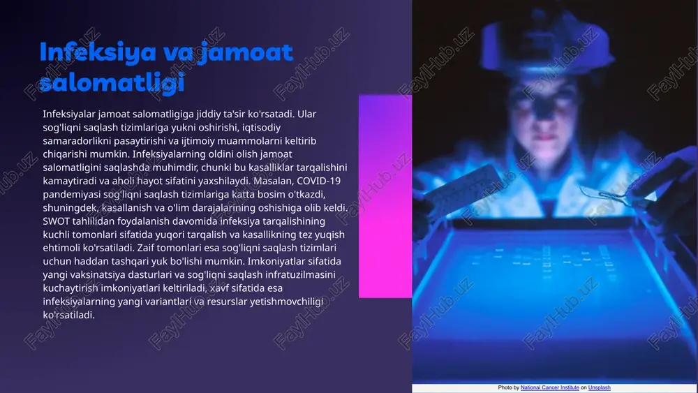 razitlar va zamburug'lar orqali tarqaladi. tarqalish sabablari sanitariya va shaxsiy gigiena infeksiyalarning tarqalishini oldini olishda muhimdir. jamoat salomatligi infeksiyalar jamoat salomatligiga ta'sir qiladi; oldini olish uchun choralar zarur. innovatsiyalar yangi dori-darmonlar va vaksinlar infeksiyalarga qarshi kurashda muhimdir. e'tiboringiz uchun rahmat! image1.png image2.png image3.png image13.jpeg image10.png image14.jpeg image7.png image8.png image9.png image11.jpeg image12.png