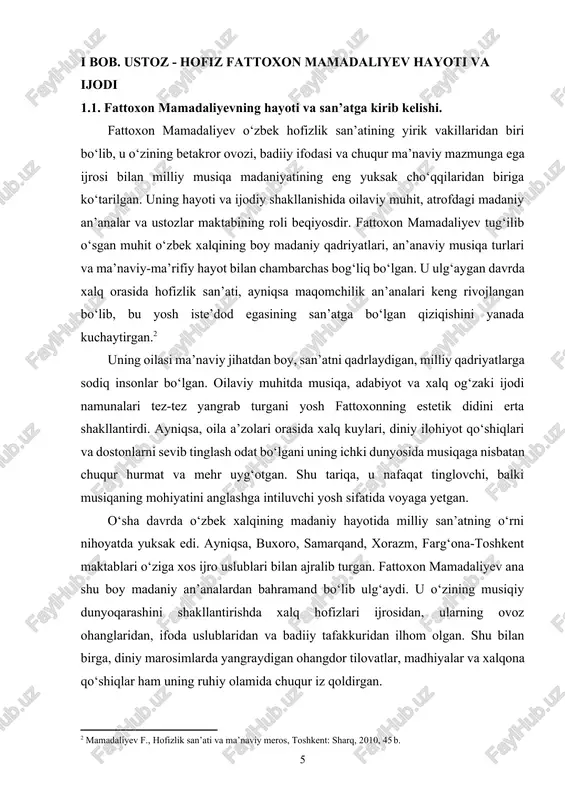 ijrosidan, ularning ovoz ohanglaridan, ifoda uslublaridan va badiiy tafakkuridan ilhom olgan. shu bilan birga, diniy marosimlarda yangraydigan ohangdor tilovatlar, madhiyalar va xalqona qo‘shiqlar ham uning ruhiy olamida chuqur iz qoldirgan. fattoxon mamadaliyev ulg‘aygan ijtimoiy-madaniy muhit o‘zbek xalqining o‘ziga xos musiqiy tafakkuri, ruhiyati va badiiy qarashlari bilan boy bo‘lgan. o‘sha yillarda musiqa faqat san’at emas, balki tarbiya vositasi, ruhiy poklanish manbai sifatida qaralgan. shu boisdan, yosh fattoxon ham musiqani inson ruhiyatini boyituvchi, xalqning ichki kechinmalarini ifodalovchi kuch deb bilgan. oilasida ustoz-shogird an’analariga hurmat, milliy qadriyatlarga sadoqat va mehnatsevarlik ruhida tarbiya topgani uni kelgusida san’at yo‘lida sabr-toqatli, mas’uliyatli va izlanishga moyil inson sifatida shakllantirdi. fattoxon mamadaliyevning oilaviy muhiti nafaqat uni musiqaga yaqinlashtirdi, balki badiiy tafakkurini, estetik sezgirligini va milliy g‘ururini mustahkamladi. u yoshlik chog‘laridanoq o‘zbek xalqining kuy va qo‘shiqlarida mujassam bo‘lgan ruhiy kuchni, insoniy qadriyatlarni chuqur his etishga intilgan. shu jarayonda u xalqning ruhiyatini musiqada aks ettirish, ovoz orqali inson qalbini ifodalash …
