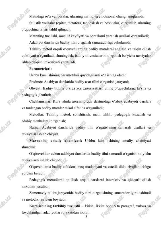 etafora, taqqoslash, aforizm, hiperbola kabi uslubiy vositalardan foydalangan holda matnga rang-baranglik va jonlilik beradi. stilistik vositalar matnning ma’no va estetik ta’sirini oshiradi. ma’no qatlamliligi – badiiy matnda bir nechta ma’no qatlamlari mavjud bo‘lib, ularni turlicha talqin qilish mumkin. masalan, asarda voqelik yuzaki mazmunga ega bo‘lishi bilan birga, chuqur falsafiy yoki ijtimoiy ma’nolarni ham o‘zida mujassam etadi. badiiy asar tili o‘ziga xos bir til bo‘lib, u kundalik va ilmiy til bilan bir qator jihatlarda farq qiladi. uning asosiy xususiyatlari quyidagilardan iborat: obrazlilik va tasviriylik. badiiy tilning eng muhim xususiyati – o‘quvchida obraz yaratish qobiliyatidir. har bir voqea, xarakter yoki tabiat tasviri matnda jonli va ko‘zga ko‘ringan holda aks ettiriladi. misol uchun, she’riyat va nasriy asarlarda ishlatilgan epitetlar va metaforalar o‘quvchida vizual va hissiy tasavvur uyg‘otadi. emotsional ohang. badiiy til o‘quvchida turli hissiyotlarni uyg‘otadi. so‘z, jumla va uslubiy vositalar orqali matn dramatik, lirik yoki komik ohangda bo‘lishi 7 mumkin. bu xususiyat o‘quvchida …
