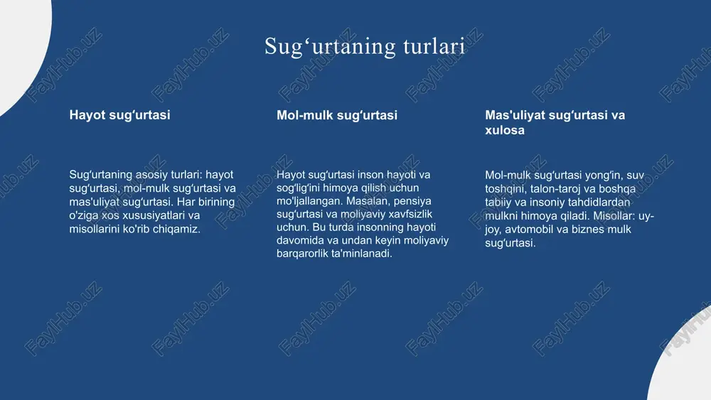 ri risklarni boshqarish, moliyaviy nazorat va strategik qarorlarni qabul qilishni o'z ichiga oladi. bu tizimlar kompaniyaning muvaffaqiyatini ta'minlaydi. innovatsion yondashuvlar va texnologiyalar, xususan, raqamli texnologiyalar va sun'iy intellekt, sugʻurta xizmatlarini yaxshilash va xarajatlarni kamaytirishga yordam beradi. rivojlantirish strategiyalari sugʻurtaning rivojlantirish uchun bozor tahlili, ehtiyojlarni aniqlash va strategiyalar ishlab chiqish muhimdir. mijozlar ehtiyojlariga mos keladigan yondashuvlar va samarali marketing kampaniyalari orqali bozor ulushini oshirish mumkin. rivojlanish yoʻnalishlari va imkoniyatlarni toʻgʻri baholash, sugʻurta sohasining barqaror rivojlanishini ta'minlaydi. photo by yaroslav zotov on unsplash sugʻurtaning iqtisodiy ta'siri sugʻurta iqtisodiy o'sishni qoʻllab-quvvatlaydi, investitsiyalarni faollashtiradi va risklarni kamaytiradi, bu esa barqarorlik va rivojlanishni ta'minlaydi. sugʻurta ijtimoiy va iqtisodiy barqarorlikni ta'minlaydi, moliyaviy xavfsizlikni oshiradi va iqtisodiy shoklarga qarshi himoya qiladi. sugʻurta bozorining rivojlanishi yangi ish oʻrinlari yaratadi, iqtisodiy faoliyatni kengaytiradi va moliyaviy institutlar bilan hamkorlikni mustahkamlaydi. sugʻurta kompaniyalari investitsiya imkoniyatlarini taqdim etadi, bu esa umumiy iqtisodiy rivojlanishga hissa qoʻshadi. 1 2 3 4 xavf va risklarni …