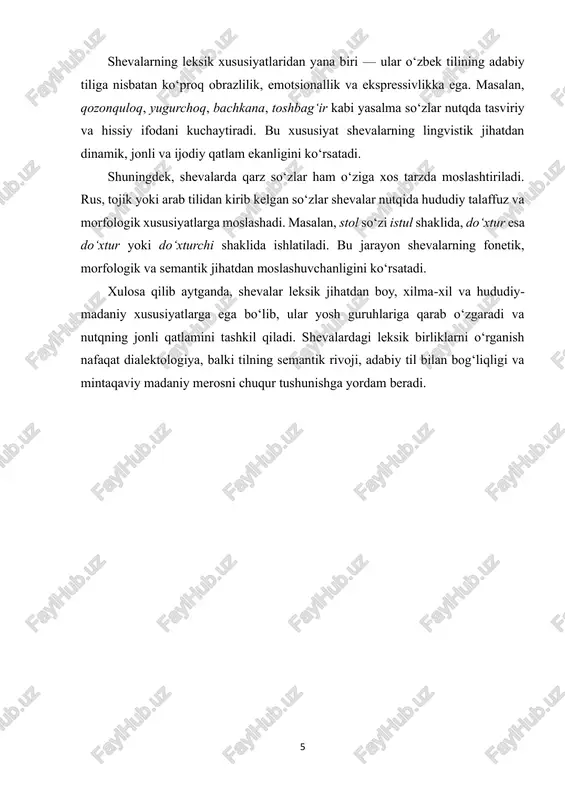 ariga ko‘ra leksik farqlanishlarni o‘rganish muhim ilmiy ahamiyatga ega, chunki bu orqali tilning dinamik rivoji, nutqning kontekstga moslashuvi va yangi yasalma so‘zlar paydo bo‘lish jarayoni aniqlanadi. shevalarda so‘zlarning yosh xususiyatlariga ko‘ra farqlanishi asosan bolalar, o‘smirlar va kattalar nutqida ko‘zga tashlanadi. bolalar nutqidagi shevalar. bolalar nutqida shevalarga xos so‘zlar oddiy talaffuz, kichraytiruvchi va erkalash qo‘shimchalar bilan ajralib turadi. bolalar nutqida ko‘pincha rivojlanayotgan talaffuz va soddalashtirilgan grammatik shakllar uchraydi. masalan: chopchop — yugurish yoki tez harakat qilishni bildiradi, bu so‘z bolalar nutqida ko‘proq ishlatiladi. bolaqina, qizaloqcha — kichraytiruvchi va erkalash ma’noga ega. itvoy, mushukcha — hayvonlarga nisbatan ishlatiladigan erkalash birliklar. bolalar nutqida ishlatiladigan shevalar ko‘pincha tasviriy va emotsional bo‘yoqqa ega, bu ularning nutqini jonli va obrazli qiladi. shu bilan birga, bolalar o‘z hududidagi shevalarni ota-onasi va atrofdagi odamlar orqali o‘rganadi, shuning uchun bu qatlam sheva leksikasining kelajak avlodga uzatilishini ta’minlaydi. o‘smirlar nutqidagi shevalar. o‘smirlar nutqida shevalarga xos leksik birliklar zamonaviy, ijtimoiy va …
