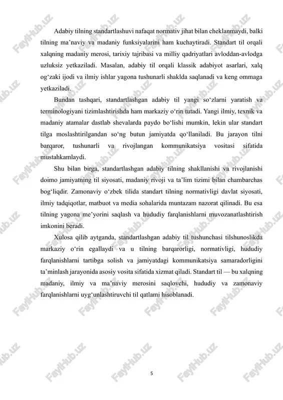 samaradorligini ta’minlash jarayonida asosiy vosita sifatida xizmat qiladi. standart til — bu xalqning madaniy, ilmiy va ma’naviy merosini saqlovchi, hududiy va zamonaviy farqlanishlarni uyg‘unlashtiruvchi til qatlami hisoblanadi. 3. tilni planlashtirish va adabiy tilni standartlashuv jarayoni tilni planlashtirish va adabiy tilni standartlashuv jarayoni bir-biri bilan uzviy bog‘liq bo‘lgan kompleks lingvistik, ijtimoiy va madaniy jarayonlarni o‘z ichiga oladi. bu jarayon tilning barqarorligini ta’minlash, hududiy farqlanishlarni tartibga solish, adabiy tilning me’yorlarini belgilash va jamiyatda yagona tushunarli kommunikatsiya vositasini yaratish uchun amalga oshiriladi. tarixiy nuqtai nazardan qaraganda, har bir xalq tilini rivojlantirish va tartibga solish jarayonida tilni planlashtirishning o‘ziga xos bosqichlarini boshdan kechirgan. o‘zbek tilida adabiy tilning shakllanishi asosan 20-asrning boshlarida faol ravishda amalga oshirilgan. bu jarayonda turli hududiy shevalardan kelib tushgan leksik, fonetik va grammatik birliklar tizimlashtirilgan va adabiy tilga moslashtirilgan. shu tariqa, adabiy tilning me’yoriy bazasi yaratilgan, u nafaqat ilmiy va badiiy sohalarda, balki rasmiy, ta’lim va madaniyat sohalarida ham yagona me’yor …