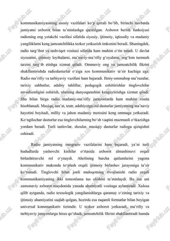 tasiga tayanar ekan, mazmunni qayta ishlashga ketadigan vaqt qisqa bo‘ladi. shuningdek, radio studiyalarining mobil texnik vositalar bilan jihozlanganligi xodimlarga hodisa sodir bo‘lgan joyning o‘zida to‘g‘ridan-to‘g‘ri efirga chiqish imkonini beradi. shu sababli, real vaqt rejimida xabar berish radiokommunikatsiyaning oddiy, ammo nihoyatda samarali shakli sifatida shakllangan. tezkorlikning yana bir muhim omili — radioda eshittirishlar davomiyligining moslashuvchanligidir. zarurat tug‘ilganda, rejalashtirilgan dasturlar to‘xtatilishi, shoshilinch ogohlantirishlar, rasmiy murojaatlar yoki voqea joyidan tirik efirga chiqishlar amalga oshirilishi mumkin. bunday imkoniyatlar televideniye yoki internetda texnik nosozliklar, vizual resurslar yoki tarmoq qamrovi kabi cheklovlar tufayli doimo mavjud bo‘lavermaydi. radio esa bunday to‘siqlarsiz, eng oddiy texnik sharoitlarda ham ishlay oladi. favqulodda vaziyatlarda radio tezkor xabar berish vositasi sifatida yanada muhim ahamiyat kasb etadi. masalan, zilzila, yong‘in, suv toshqini, bo‘ron yoki boshqa tabiiy ofatlar vaqtida aholi bilan uzluksiz muloqot qilish, evakuatsiya ko‘rsatmalarini berish, xavfsizlik bo‘yicha tavsiyalarni yetkazish ko‘pincha aynan radio orqali amalga oshiriladi. sababi, bunday sharoitlarda mobil aloqa va internet …