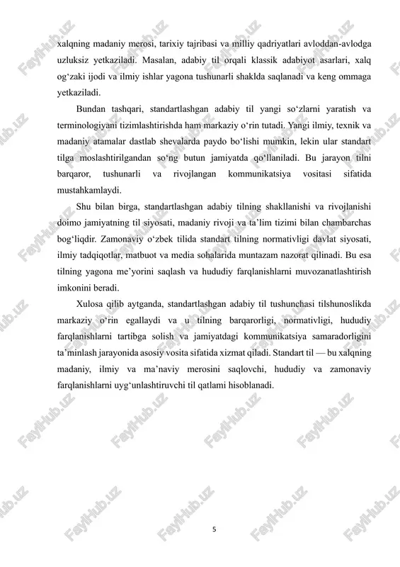 unikatsiya samaradorligini ta’minlash jarayonida asosiy vosita sifatida xizmat qiladi. standart til — bu xalqning madaniy, ilmiy va ma’naviy merosini saqlovchi, hududiy va zamonaviy farqlanishlarni uyg‘unlashtiruvchi til qatlami hisoblanadi. 6 3. tilni planlashtirish va adabiy tilni standartlashuv jarayoni tilni planlashtirish va adabiy tilni standartlashuv jarayoni bir-biri bilan uzviy bog‘liq bo‘lgan kompleks lingvistik, ijtimoiy va madaniy jarayonlarni o‘z ichiga oladi. bu jarayon tilning barqarorligini ta’minlash, hududiy farqlanishlarni tartibga solish, adabiy tilning me’yorlarini belgilash va jamiyatda yagona tushunarli kommunikatsiya vositasini yaratish uchun amalga oshiriladi. tarixiy nuqtai nazardan qaraganda, har bir xalq tilini rivojlantirish va tartibga solish jarayonida tilni planlashtirishning o‘ziga xos bosqichlarini boshdan kechirgan. o‘zbek tilida adabiy tilning shakllanishi asosan 20-asrning boshlarida faol ravishda amalga oshirilgan. bu jarayonda turli hududiy shevalardan kelib tushgan leksik, fonetik va grammatik birliklar tizimlashtirilgan va adabiy tilga moslashtirilgan. shu tariqa, adabiy tilning me’yoriy bazasi yaratilgan, u nafaqat ilmiy va badiiy sohalarda, balki rasmiy, ta’lim va madaniyat sohalarida ham …