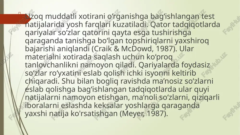 o‘ladi (masalan, sinfdoshlari bilan uchrashganda) hamda ichki nizolarga olib keladi. ba’zan qarilikni anglash bilan bogliq inqiroz o‘smirlik davridagi inqiroz bilan tenglashtiriladi (bunda ham o‘zining o‘zgargan tanasiga yangicha munosabatni ishlab chiqishdan iborat), lekin qarilik inqirozi oglrroq kechadi keksa psixologik yoshga olish muvaffaqiyatini e.erikson oldingi yosh inqirozlarini ijobiy hal qilish bilan boglaydi. eriksonning ta’kidlashicha, donishmandlik ruhning ma’lum holati bolib, bunda olmish, hozir va kelajakka bir vaqtda boqish, hayot tarixini tasodiflardan xalos etish hamda avlodlar bilan aloqa o‘rnatish sifatida talqin etiladi. donishmandlik - keksalik davrining eng yuksak yutug‘idir. keksalik davridagi insonlarga emotsional sohada ham maxsus o'zgarishlar xos. bu affektiv reaksiyalarning kuchayishi (kuchli asab qo‘zg‘alishi), sababsiz xafa bo‘lish, yig‘lash va boshqalarda namoyon bo‘ladi. qariyalarda o‘tmish qadriyat hisoblanadi. kaliforniya universiteti olimlarining 40 yillik longityud tadqiqot natijalaridan ma’lum bolishicha, 30 yoshda emotsional va psixologik barqaror faol shaxslar 70 yoshda ham o‘z faolliklarini saqlab qoladi. qariyalarning ijtimoiy va psixologik mavqesini belgilaydigan muhim omillardan biri jismoniy sog'liq, jismoniy …