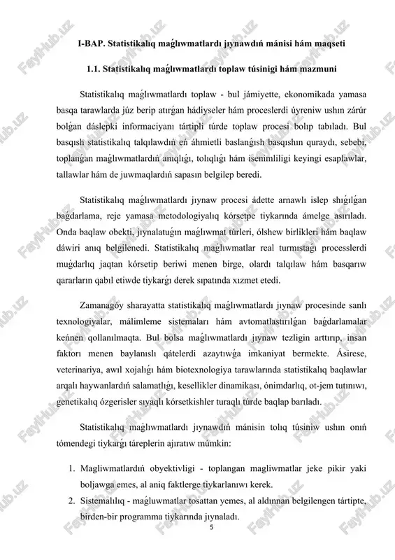 waqıt hám resurslardı únemleydi, biraq bunday maǵlıwmatlardan paydalanıwda olardıń aktuallıǵı hám isenimliligin tekseriw zárúr. statistikalıq maǵlıwmatlar derekleri tómendegi tiykarǵı túrlerge bólinedi: 1) rásmiy mámleketlik statistika maǵlıwmatları. ózbekstan respublikası statistika agentligi hám onıń aymaqlıq basqarmaları tárepinen járiyalanatuǵın esabatlar, analitikalıq maǵlıwmatlar, sorawnamalar nátiyjeleri hám jıllıq statistikalıq toplamlar. olar mámleket kóleminde ekonomikalıq, sociallıq hám demografiyalıq proceslerdi uliwmalastıradı. 2) shólkem hám kárxanalardıń ishki yesap beriwi. hár bir óndiris subekti, fermer xojalıǵı yamasa laboratoriya óziniń jumısına baylanıslı maǵlıwmatlardı turaqlı túrde jıynaydı hám esabat túrinde saqlaydı. bul ishki derekler anıq tarawlardaǵı statistikalıq tallaw ushın úlken áhmietke ie. 3) ilimiy izertlew hám laboratoriyalıq baqlawlar. biotexnologiya hám veterinariya tarawında alıp barılıp atırǵan ilimiy jumıslar nátiyjesinde alınǵan empirikalıq maǵlıwmatlar, tájiriybe nátiyjeleri hám ólshewler statistikalıq tallaw ushın eń isenimli dáreklerden biri bolıp esaplanadı. 4) hákimshilik registrler hám elektron bazalar. házirgi dáwirde statistika uyımları hár qıylı málimleme sistemalarınan, elektron dizimge alıw baǵdarlamalarınan hám avtomatlastırılǵan maǵlıwmatlar bazalarınan keńnen paydalanbaqta. máselen, sharwashılıq subektleriniń …
