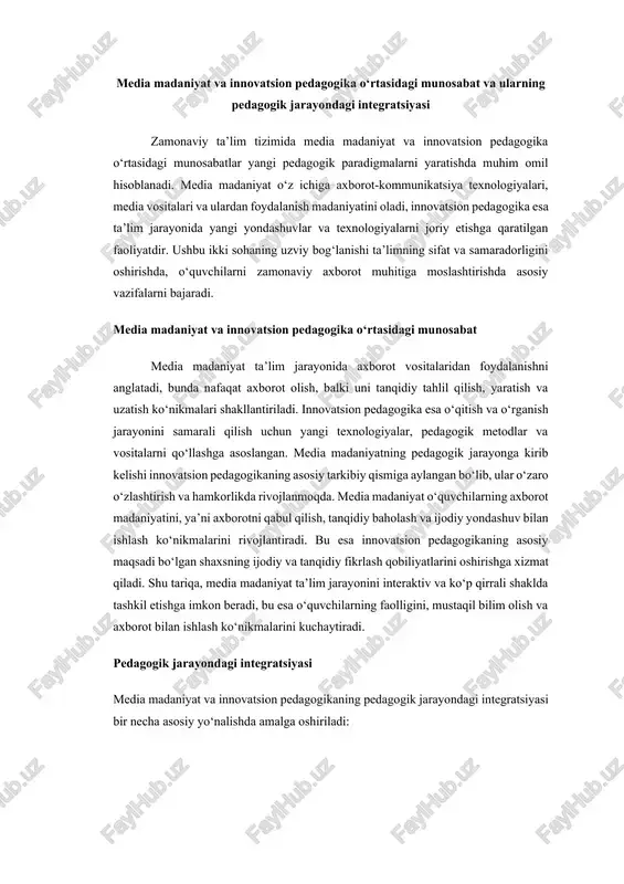 rni tanqidiy baholash ko‘nikmalarini o‘rgatish ta’limning muhim vazifasi hisoblanadi. bu media madaniyatning asosiy qismidir va innovatsion pedagogik metodlar yordamida amalga oshiriladi. 3. ijodiy yondashuvni rag‘batlantirish — media vositalaridan foydalanish o‘quvchilarda ijodkorlikni oshiradi, ularga o‘z fikrlarini turli formatlarda (matn, video, audio va boshqalar) ifodalash imkonini yaratadi. innovatsion pedagogika bu jarayonni qo‘llab-quvvatlaydi. 4. ko‘p tarmoqli kommunikatsiya muhitini yaratish — media madaniyatning rivojlanishi pedagogik jarayonda o‘quvchi, o‘qituvchi va ota-onalar o‘rtasida samarali muloqot va axborot almashinuvini ta’minlaydi. 5. shaxsiylashtirilgan ta’limni amalga oshirish — media vositalari yordamida har bir o‘quvchining qiziqishlari, imkoniyatlari va ehtiyojlariga mos keladigan ta’lim kontentini yaratish va taqdim etish mumkin bo‘ladi. xulosa media madaniyat va innovatsion pedagogika zamonaviy ta’lim jarayonining ajralmas qismiga aylangan ikki muhim tushunchadir. media madaniyat, o‘z navbatida, axborot-kommunikatsiya vositalari orqali tarqaladigan madaniyat shakli sifatida jamiyatda axborot almashinuvining samarali mexanizmini ta’minlaydi. innovatsion pedagogika esa yangi texnologiyalar va pedagogik metodlarni qo‘llash orqali ta’lim sifatini oshirishga qaratilgan tizim bo‘lib, o‘quvchilarning ijodiy, tanqidiy …