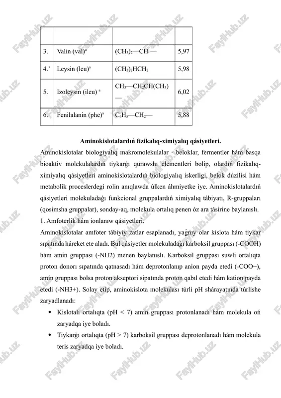 siwi hám enzimatik aktivlik ushın áhmiyetli. 4. kovalent hám vodorod baylanısları. aminokislotalar beloklar shinjırında bir-biri menen peptid baylanısları arqalı baylanısadı. bunnan tısqarı, olardıń r-gruppaları arasında tómendegi baylanıslar bar: · vodorod baylanısları: polipeptid shinjırlarınıń ekilemshi dúzilisin (α-spirallar, β-qabatlar) turaqlastıradı. · disulfid baylanısları: eki cistein qaldıǵınıń kovalent baylanısı beloktiń úshlemshi hám tórtlemshi dúzilisin bekkemleydi. · ion baylanısları: zaryadlangan r-gruppalar arasındaǵı elektrostatikalıq óz ara tásirlesiw belok strukturasın qosimsha turaqlı etedi. bul baylanıslar beloktiń termik hám ximiyalıq turaqlılıǵı, fermentler aktivligi hám biologiyalıq funkciyaların belgileydi. 5. optikalıq hám xiralıq qásiyetleri. aminokislotalar xiral, yaǵnıy olar l- hám d-izomerler formasında boliwi múmkin. biologiyalıq sistemalarda tek l-izomerleri belok sintezi hám metabolik proceslerde aktiv qatnasadı. xirallik qásiyeti beloktıń enzimatikalıq beyimlesiwsheńligi, receptorlar menen baylanısıw qásiyetleri hám bioaktivlikti belgileydi. 6. termik hám ximiyalıq turaqlılıq. aminokislotalardıń fizikalıq-ximiyalıq qásiyetleri olardıń joqarı temperatura hám ximiyalıq ortalıqqa shidamlılıǵın belgileydi. · gidrofob gruppalar joqarı temperaturada molekula ishinde toplanıp, beloktıń denaturaciyasın páseytedi. · gidrofil hám ionlasqan toparlar …