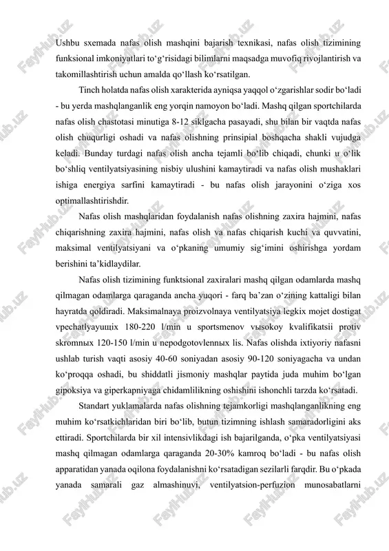 rishlar sodir bo‘ladi - bu yerda mashqlanganlik eng yorqin namoyon bo‘ladi. mashq qilgan sportchilarda nafas olish chastotasi minutiga 8-12 siklgacha pasayadi, shu bilan bir vaqtda nafas olish chuqurligi oshadi va nafas olishning prinsipial boshqacha shakli vujudga keladi. bunday turdagi nafas olish ancha tejamli bo‘lib chiqadi, chunki u o‘lik bo‘shliq ventilyatsiyasining nisbiy ulushini kamaytiradi va nafas olish mushaklari ishiga energiya sarfini kamaytiradi - bu nafas olish jarayonini o‘ziga xos optimallashtirishdir. nafas olish mashqlaridan foydalanish nafas olishning zaxira hajmini, nafas chiqarishning zaxira hajmini, nafas olish va nafas chiqarish kuchi va quvvatini, maksimal ventilyatsiyani va o‘pkaning umumiy sig‘imini oshirishga yordam berishini ta’kidlaydilar. nafas olish tizimining funktsional zaxiralari mashq qilgan odamlarda mashq qilmagan odamlarga qaraganda ancha yuqori - farq ba’zan o‘zining kattaligi bilan hayratda qoldiradi. maksimalnaya proizvolnaya ventilyatsiya legkix mojet dostigat vpechatlyayushix 180-220 l/min u sportsmenov visokoy kvalifikatsii protiv skromnix 120-150 l/min u nepodgotovlennix lis. nafas olishda ixtiyoriy nafasni ushlab turish vaqti asosiy 40-60 …