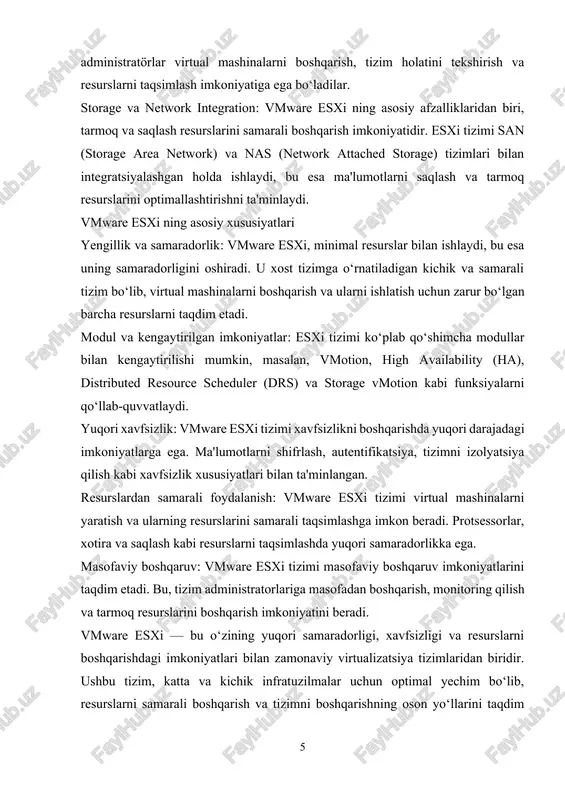 va tarmoq interfeysi bilan ta'minlanadi. virtual mashinalar, fizikal resurslardan samarali foydalanadi va tizimning yuqori ish faoliyatini ta'minlaydi. · virtual machine management: hyper-v, virtual mashinalarni boshqarish uchun oson vositalarni taqdim etadi. bu vositalar yordamida virtual mashinalar yaratish, sozlash va ularga resurslarni taqsimlash mumkin. hyper-v manager va powershell kabi boshqaruv vositalari tizimning samarali boshqarilishini ta'minlaydi. · virtual switch: hyper-v tizimi, virtual tarmoqni yaratish va boshqarish uchun virtual switch dan foydalanadi. bu virtual tarmoq yordamida, virtual mashinalar o‘rtasida va tarmoq bilan aloqalar o‘rnatiladi. virtual switch orqali vlanlarni, tarmoq xavfsizligini va virtual tarmoq konfiguratsiyalarini boshqarish mumkin. · storage va resource management: hyper-v tizimi, saqlashni boshqarish va resurslarni taqsimlashda samarali ishlaydi. u storage spaces, iscsi va smb 3.0 kabi saqlash protokollarini qo‘llab-quvvatlaydi. hyper-v, shuningdek, dinamik xotira va resurslardan samarali foydalanishni ta'minlaydi. microsoft hyper-v ning asosiy xususiyatlari · virtualizatsiyaning yuqori samaradorligi: hyper-v tizimi yuqori samaradorlikka ega bo‘lib, virtual mashinalar bir-biridan mustaqil ishlaydi. har bir virtual mashina …