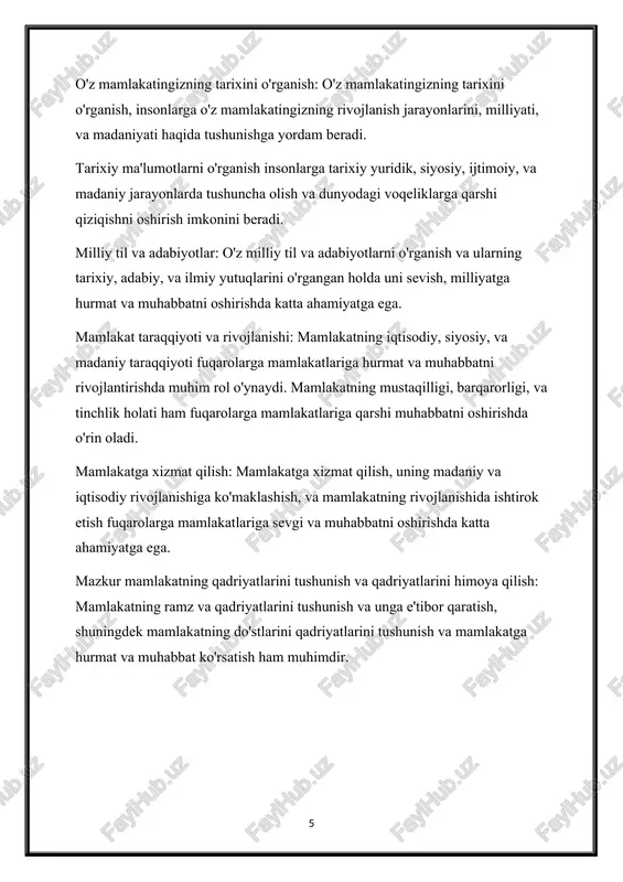 fuqarolar mamlakatlarining mudofaa va rivojlanishida boshqacha mamlakatlarga qarshi muhabbat va hurmat ko'rsatish orqali, global fuqarolik hamda odamlarning umumiy manfaatlari uchun ishtirok etishadi. 3. vatanparvarlik tarbiyasi o'quvchilarga qanday shakllarda o'rgatilishi kerak vatanparvarlik tarbiyasi o'quvchilarga o'rgatilishi kerak bo'lgan bir nechta shakllar quyidagicha: tarixiy darslar va ma'rifiy ta'lim: o'quvchilarga mamlakatlarining tarixi, milliy adabiyoti, madaniyati, va mustaqilligi to'g'risida ma'lumotlar o'rgatilishi kerak. bu darslar tarixiy voqeliklarni o'rganish va milliyatga oid qadriyatlar va qadr-qimmatlarni tushunishga yordam beradi. rahbarlik va huquqiy madaniyat darsi: o'quvchilarga huquqiy madaniyat, shuningdek mamlakatning huquqiy tizimi va rahbarlik organlarining ahamiyati to'g'risida darslar o'tkazilishi kerak. bu darslar fuqarolik, mustaqillik, va huquqiy madaniyatning asosiy printsiplarini tushunishga yordam beradi. milliy bayramlar va tadbirlar: milliy bayramlar va tadbirlar o'quvchilarga mamlakatlarining madaniy va tarixiy merosini, hamda milliy identitet va qadriyatlarini tushunishga yordam beradi. bu tadbirlar orqali o'quvchilar milliy bayramlar va tadbirlarga hissa qo'shish orqali milliyatga oid hissiyot va hurmatni oshirishadi. o'z mamlakatining va dunyo mamlakatlarining tanishligi: o'quvchilar global …