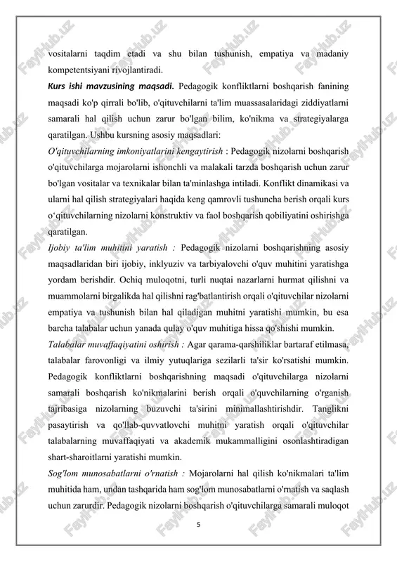 “pedagogik konfliktlarni boshqarish” kurs ishining predmeti ta’lim sharoitidagi nizolarni boshqarishdir. bu talabalar o'rtasida, talabalar va o'qituvchilar o'rtasida yoki kengroq ta'lim hamjamiyatida paydo bo'lishi mumkin bo'lgan nizolarni o'z ichiga oladi. kurs konfliktlarni boshqarishning turli jihatlarini, jumladan, nizo dinamikasi, muloqot usullari, nizolarni hal qilish strategiyalari va ijobiy va inklyuziv ta’lim muhitini targ‘ib qilishni o‘rganadi. u o'qituvchilarga mojarolarni ishonchli va konstruktiv tarzda hal qilish imkoniyatini berishga qaratilgan maxsus ta'lim sharoitlariga moslashtirilgan mojarolarni boshqarish tamoyillarini amaliy qo'llashga qaratilgan. kurs ishi mavzusining vazifasi. pedagogik konfliktlarni boshqarish mavzusining vazifasi ta'lim muassasalarida nizolarni samarali hal qilishga qaratilgan bir qator mas'uliyat va maqsadlarni o'z ichiga oladi. ushbu kurs bilan bog'liq asosiy vazifalar quyidagilardan iborat: mojarolar dinamikasini tushunish : o'qituvchilar ta'lim muhitida yuzaga keladigan nizolarning tabiati, sabablari va dinamikasini tushunishlari kerak. bu vazifa oʻquvchilar oʻrtasida, oʻquvchilar va oʻqituvchilar oʻrtasida va kengroq maktab hamjamiyatidagi nizolarni keltirib chiqaradigan umumiy tetikleyiciler, naqshlar va kuchayish omillarini tahlil qilishni oʻz ichiga oladi. mojarolarni hal …