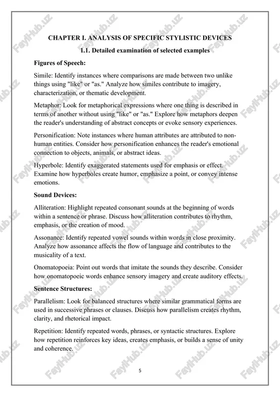 onification enhances the reader's emotional connection to objects, animals, or abstract ideas. hyperbole: identify exaggerated statements used for emphasis or effect. examine how hyperboles create humor, emphasize a point, or convey intense emotions. sound devices: alliteration: highlight repeated consonant sounds at the beginning of words within a sentence or phrase. discuss how alliteration contributes to rhythm, emphasis, or the creation of mood. assonance: identify repeated vowel sounds within words in close proximity. analyze how assonance affects the flow of language and contributes to the musicality of a text. onomatopoeia: point out words that imitate the sounds they describe. consider how onomatopoeic words enhance sensory imagery and create auditory effects. sentence structures: parallelism: look for balanced structures where similar grammatical forms are used in successive phrases or clauses. discuss how parallelism creates rhythm, clarity, and rhetorical impact. repetition: identify repeated words, phrases, or syntactic structures. explore how repetition reinforces key ideas, …