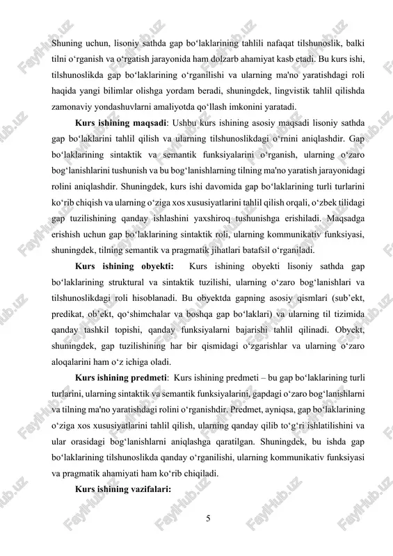 ahlil qilish, ularning qanday qilib to‘g‘ri ishlatilishini va ular orasidagi bog‘lanishlarni aniqlashga qaratilgan. shuningdek, bu ishda gap boʻlaklarining tilshunoslikda qanday o‘rganilishi, ularning kommunikativ funksiyasi va pragmatik ahamiyati ham ko‘rib chiqiladi. kurs ishining vazifalari: · gap boʻlaklarining turlarini aniqlash – lisoniy sathda gap boʻlaklari qanday turlarga bo‘linishini va ularning sintaktik tuzilishini o‘rganish. · gap boʻlaklarining sintaktik rolini tahlil qilish – gap boʻlaklarining o‘zaro bog‘lanishi va ularning gap tuzilishidagi o‘rni haqida chuqur tahlil olib borish. · gap boʻlaklarining semantik funksiyalarini o‘rganish – har bir gap boʻlagining ma'no yaratishdagi roli va uning til tizimiga ta'sirini tahlil qilish. · gap boʻlaklarining o‘zaro bog‘lanishlari – gapdagi turli boʻlaklarning o‘zaro aloqalarini va bog‘lanish shakllarini aniqlash. · o‘zbek tilida gap boʻlaklarining o‘ziga xos xususiyatlarini aniqlash – o‘zbek tilining gap tuzilishiga xos xususiyatlarni o‘rganish. kurs ishining nazariy ahamiyati: ushbu kurs ishining nazariy ahamiyati tilshunoslikda gap tuzilishining asosiy elementlarini chuqurroq o‘rganish va ularning o‘zaro bog‘lanishlarini tushunishga qaratilgan. gap boʻlaklarining …