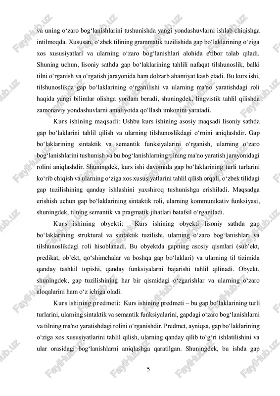 ‘g‘ri ishlatilishini va ular orasidagi bog‘lanishlarni aniqlashga qaratilgan. shuningdek, bu ishda gap 6 boʻlaklarining tilshunoslikda qanday o‘rganilishi, ularning kommunikativ funksiyasi va pragmatik ahamiyati ham ko‘rib chiqiladi. kurs ishining vazifalari:  gap boʻlaklarining turlarini aniqlash – lisoniy sathda gap boʻlaklari qanday turlarga bo‘linishini va ularning sintaktik tuzilishini o‘rganish.  gap boʻlaklarining sintaktik rolini tahlil qilish – gap boʻlaklarining o‘zaro bog‘lanishi va ularning gap tuzilishidagi o‘rni haqida chuqur tahlil olib borish.  gap boʻlaklarining semantik funksiyalarini o‘rganish – har bir gap boʻlagining ma'no yaratishdagi roli va uning til tizimiga ta'sirini tahlil qilish.  gap boʻlaklarining o‘zaro bog‘lanishlari – gapdagi turli boʻlaklarning o‘zaro aloqalarini va bog‘lanish shakllarini aniqlash.  o‘zbek tilida gap boʻlaklarining o‘ziga xos xususiyatlarini aniqlash – o‘zbek tilining gap tuzilishiga xos xususiyatlarni o‘rganish. kurs ishining nazariy ahamiyati: ushbu kurs ishining nazariy ahamiyati tilshunoslikda gap tuzilishining asosiy elementlarini chuqurroq o‘rganish va ularning o‘zaro bog‘lanishlarini tushunishga qaratilgan. gap boʻlaklarining sintaktik va semantik funksiyalarini …
