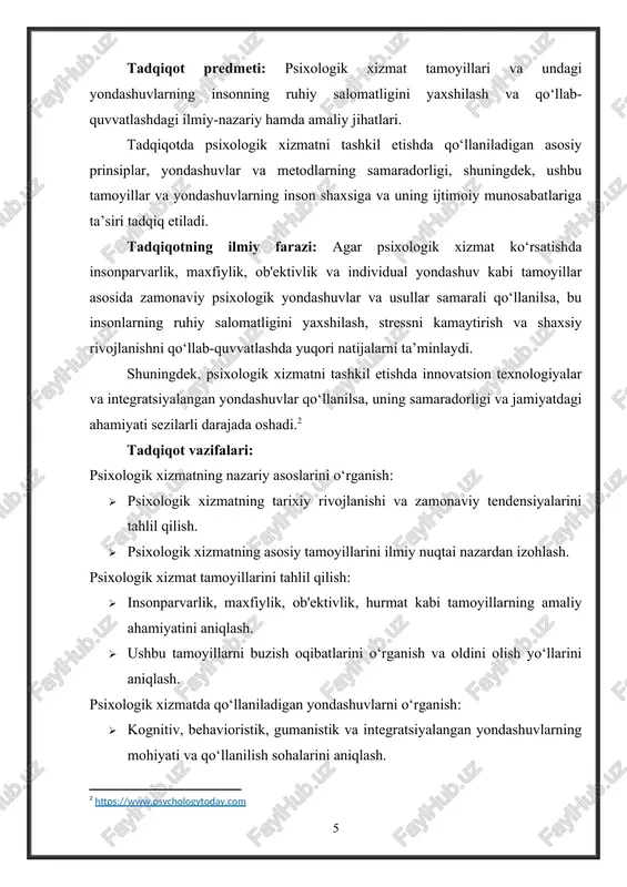 ik xizmat masalalari bo‘yicha judith beck va richard e. mayer kabi olimlar tadqiqotlar olib borgan. · milliy tadqiqotlar: · o‘zbekistonda psixologik xizmat tamoyillariga oid tadqiqotlar hali yangi bosqichda bo‘lsa-da, psixologik yordam ko‘rsatishning milliy o‘ziga xosliklarini o‘rganishga bag‘ishlangan ishlar mavjud. jumladan, o‘zbekiston respublikasi ta’lim tizimidagi psixologik xizmatni rivojlantirishga oid qarorlar va dasturlar ushbu sohaning o‘rganilishiga turtki bo‘lmoqda. · mahalliy olimlar tomonidan psixologik xizmatning ta’lim, sog‘liqni saqlash va oilaviy munosabatlardagi ahamiyati va samaradorligini o‘rganishga qaratilgan ilmiy ishlar amalga oshirilgan. · ta’lim muassasalari: · maktab va oliy ta’lim muassasalarida faoliyat olib borayotgan psixologlar tomonidan amalga oshirilayotgan psixologik xizmat jarayonlari. · o‘zbekiston ta’lim tizimida psixologik xizmatni tashkil etish bo‘yicha amaliyot va dasturlar. · sog‘liqni saqlash muassasalari: · shifoxonalar, reabilitatsiya markazlari va sog‘liqni saqlash tizimida psixologik xizmat ko‘rsatish faoliyati. · ruhiy salomatlik markazlari va ularda psixologik yordam ko‘rsatish bo‘yicha mavjud tizimlar. · milliy va xalqaro psixologik xizmat tashkilotlari: · o‘zbekiston psixologlar assotsiatsiyasi faoliyati. · unicef, …