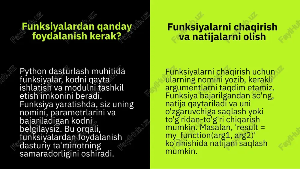 salom(ism='ali', qo'shimcha='xush kelibsiz!') yuqoridagi misolda, parametrlar tartibi o'zgartirilgan bo'lsa ham, to'g'ri natija beradi. afzalliklari: - o'qilishi oson: kalit so'zli parametrlar yordamida kodni o'qish va tushunish osonlashadi. - xatolarga qarshi kuchliroq: tartibga bog'liq bo'lmaganligi sababli, parametrlarni noto'g'ri joyda berish xatolari kamayadi. - ko'p variantlar: bir nechta parametrlar bilan bir vaqtda ishlash imkonini beradi. photo by fatos bytyqi on unsplash photo by jefferson santos on unsplash parametrlar birikmasi photo by alvaro reyes on unsplash photo by maik jonietz on unsplash photo by nejc soklič on unsplash photo by boitumelo on unsplash photo by luke peters on unsplash photo by boitumelo on unsplash photo by shamin haky on unsplash amaliy misollar majburiy parametrlar majburiy parametrlar funksiyalar chaqirilganda berilishi shart bo'lgan qiymatlardir. masalan, agar biz to'liq nomni hisoblash funktsiyasi yaratmoqchi bo'lsak, quyidagi kodni ko'rib chiqamiz: def toliq_nomi(ism, familiya): return f'{ism} {familiya}' natija = toliq_nomi('ali', 'valiyev') print(natija) # ali valiyev ixtiyoriy parametrlar ixtiyoriy parametrlar - …