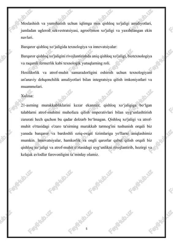 rilmagan o'sishiga olib kelgan bo'lsa-da, bu tuproqning degradatsiyasi, suvning ifloslanishi, yashash joylarining yo'qolishi va biologik xilma-xillikning yo'qolishi kabi ekologik oqibatlarga olib keldi. atrof-muhitni muhofaza qilish va barqaror qishloq xo'jaligi : 20-asrning ikkinchi yarmida sanoat qishloq xo'jaligining atrof-muhitga ta'siri to'g'risida xabardorlik o'sib bordi, bu esa barqarorlik va saqlash uchun harakatlarni kuchaytirdi. tuproq eroziyasi, pestitsidlarning ifloslanishi va yashash joylarining vayron bo'lishi bilan bog'liq tashvishlar organik dehqonchilik, agroekologiya va permakultura kabi muqobil dehqonchilik paradigmalarining rivojlanishiga turtki bo'ldi. bu yondashuvlar qishloq xo‘jaligi mahsuldorligi va turmush tarzini saqlab qolgan holda atrof-muhitni muhofaza qilish, biologik xilma-xillikni saqlash va ekotizim barqarorligiga ustuvor ahamiyat beradi. xulosa qilib aytganda, qishloq xo'jaligining tarixiy istiqbollari va uning atrof-muhitga ta'siri inson faoliyati va tabiiy tizimlar o'rtasidagi murakkab o'zaro bog'liqlikni ochib beradi. qishloq xo'jaligi insoniyatning omon qolishi va jamiyat rivojlanishi uchun zarur bo'lgan bo'lsa-da, u ekotizimlarga jiddiy bosim o'tkazib, atrof-muhitning buzilishiga va biologik xilma-xillikning yo'qolishiga olib keldi. qishloq xo'jaligi bilan bog'liq ekologik muammolarni …