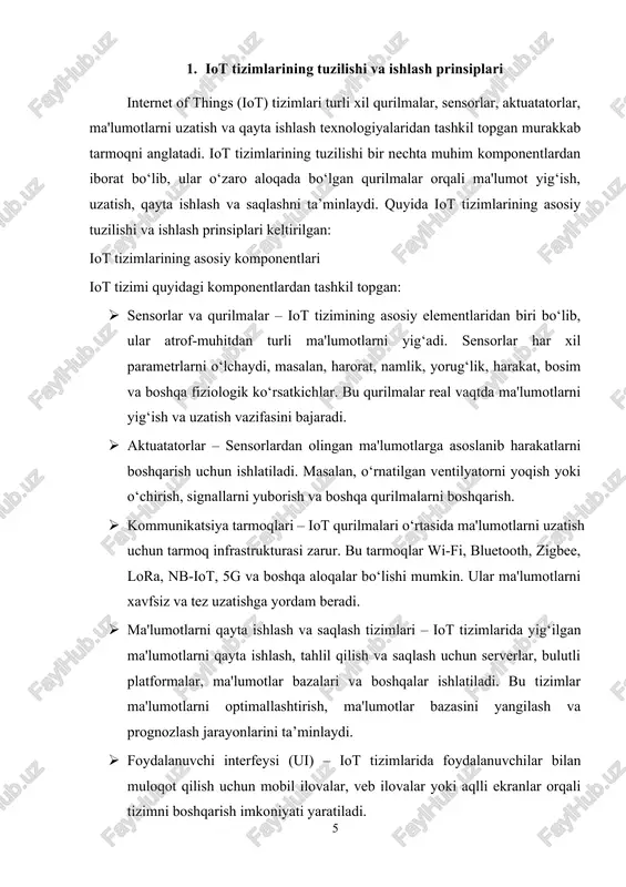 otlarni tahlil qilish va qaror qabul qilish – yig‘ilgan va qayta ishlangan ma'lumotlar tahlil qilinadi va ularning asosida qarorlar qabul qilinadi. bu qarorlar ba’zida avtomatik ravishda amalga oshiriladi (masalan, ma'lum bir parametrga asoslangan qurilma ishini o‘zgartirish) yoki foydalanuvchi tomonidan tasdiqlanadi. · ishlatish va boshqarish – iot tizimi foydalanuvchi yoki avtomatik tizim tomonidan boshqariladi. masalan, aqlli uy tizimida foydalanuvchi mobil ilovasi orqali qurilmalarni yoqish yoki o‘chirish, haroratni boshqarish kabi vazifalarni bajaradi. iot tizimlarining arxitekturasi iot tizimlarining arxitekturasi ko‘pincha quyidagi qatlamlardan iborat: · sensorlar va qurilmalar (perception layer) – bu qatlamda barcha fizik qurilmalar va sensorlar joylashgan. ular atrof-muhitdan ma'lumotlarni yig‘adi va ularni keyingi qatlamlarga uzatadi. · kommunikatsiya (network layer) – bu qatlamda qurilmalar orasidagi ma'lumotlarni uzatish uchun tarmoq texnologiyalari va protokollaridan foydalaniladi. bu qatlam ma'lumotlarni uzatish, tarmoqni boshqarish va xavfsizlikni ta’minlashni amalga oshiradi. · ma'lumotlarni qayta ishlash va saqlash (middleware layer) – bu qatlamda yig‘ilgan ma'lumotlarni qayta ishlash, tahlil qilish va …