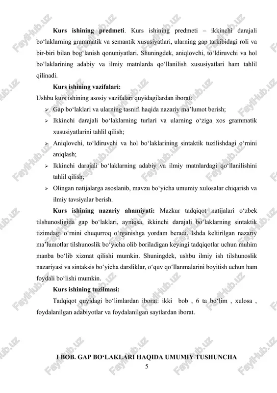 aryo sokin oqmoqda. (ega – “daryo”) kesim kesim – gapning asosiy ma’no markazi bo‘lib, ega bilan bog‘liq holda keladi va harakat, holat yoki belgi ifodalaydi. kesim odatda fe’l shakllarida bo‘ladi, lekin ot, sifat yoki son ham kesim vazifasini bajara oladi. misollar:[footnoteref:3] [3: abduazizov a. hozirgi o‘zbek adabiy tili. – toshkent: o‘zbekiston milliy ensiklopediyasi, 2020. – b. 45-67. ] · o‘quvchilar dars tayyorlamoqda. (kesim – “tayyorlamoqda”) · bu kitob juda foydali. (kesim – “foydali”) bosh bo‘laklarning uyg‘unligi gapning ma’nosini aniq belgilaydi va nutqni tushunarli qiladi. ikkinchi darajali bo‘laklar ikkinchi darajali bo‘laklar gapning ma’nosini kengaytiruvchi, aniqlik kirituvchi bo‘laklar hisoblanadi. ular gapning asosiy ma’nosiga qo‘shimcha ma’lumot berib, fikrni to‘liq shakllantirishga yordam beradi. aniqlovchi aniqlovchi ot bilan bog‘lanib, uning belgisini, miqdorini yoki qaysi shaxs yoki narsa ekanini bildiradi. misollar: · yosh o‘qituvchi dars o‘tmoqda. (“yosh” – aniqlovchi) · men uchta daftar sotib oldim. (“uchta” – aniqlovchi) aniqlovchilar gapdagi otlarga bog‘lanib, ularning xususiyatlarini tushuntirishga xizmat …