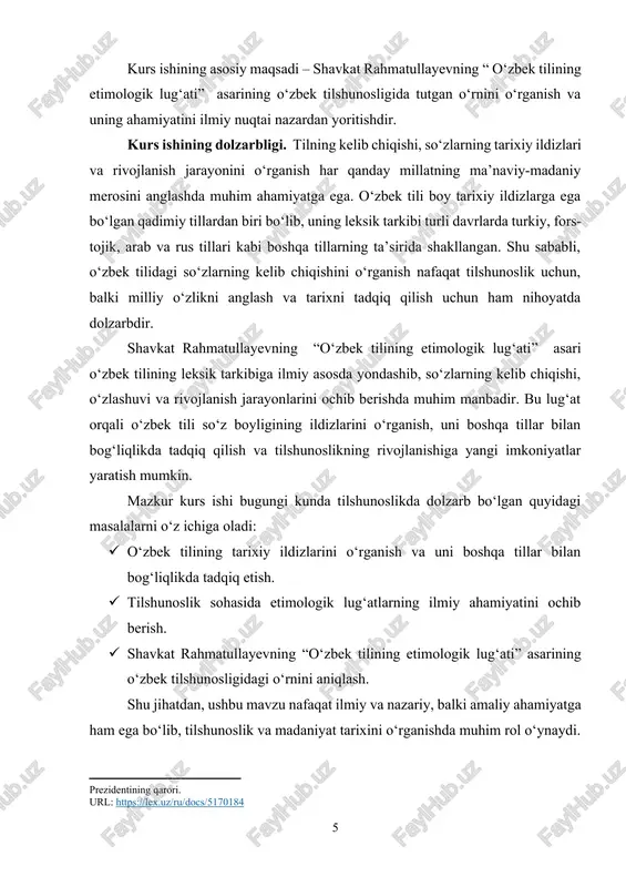 ing asosiy maqsadi — shavkat rahmatullayevning “o‘zbek tilining etimologik lug‘ati” asarini chuqur o‘rganish va uning o‘zbek tilshunosligidagi ahamiyatini ilmiy asosda yoritishdir. asarda keltirilgan ilmiy yondashuvlarni tahlil qilish va o‘zbek tilidagi so‘zlarning kelib chiqishi, o‘zlashuvi va rivojlanishini o‘rganish orqali tilshunoslikka qo‘shgan hissasini aniqlash ushbu ishning bosh vazifasidir. ushbu maqsadni amalga oshirish doirasida quyidagi vazifalar belgilangan: · shavkat rahmatullayevning ilmiy faoliyati va “o‘zbek tilining etimologik lug‘ati” asarining yaratilish tarixini o‘rganish. · lug‘atdagi o‘zbek tiliga xos so‘zlarning kelib chiqishi va tarixiy ildizlarini ilmiy tahlil qilish. · asarning o‘zbek tilini o‘rganishda va boshqa tillar bilan aloqadorligini aniqlashdagi rolini ochib berish. · etimologik lug‘atning zamonaviy tilshunoslikdagi ahamiyatini tahlil qilish va uning amaliy qo‘llanish imkoniyatlarini ko‘rsatib berish. kurs ishi davomida o‘zbek tili so‘z boyligining tarixi va kelib chiqishi haqida ma’lumotlar yig‘iladi va tahlil qilinadi, bu esa milliy madaniyat va o‘zlikni anglashda muhim ahamiyatga ega. shu bilan birga, mazkur ish orqali “o‘zbek tilining etimologik lug‘ati” ning ilmiy …