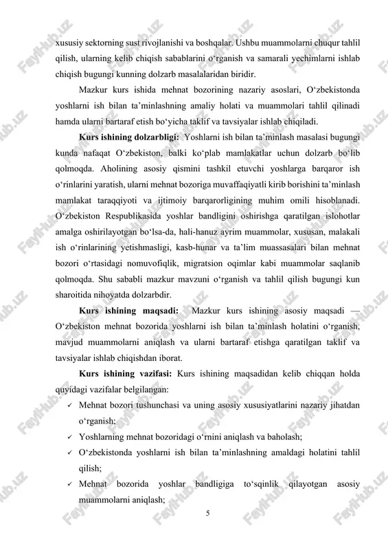 tirilgan iqtisodiy-uslubiy yondashuvlardir. kurs ishini oʻrganilganlik darajasi: mehnat bozori va yoshlarni ish bilan ta’minlash masalalari ko‘plab mahalliy va xorijiy iqtisodchi olimlar, mutaxassislar tomonidan o‘rganilgan. xususan, bu borada a. xayrullaev, sh. xolbo‘tayev, m. ziyodullayev, b. abdukarimov, g‘. po‘latov kabi olimlar tadqiqotlar olib borgan. shuningdek, birlashgan millatlar tashkiloti, jahon banki, xalqaro mehnat tashkiloti (xmt) kabi xalqaro tashkilotlar tomonidan e’lon qilingan hisobotlar, o‘zbekiston respublikasi bandlik va mehnat munosabatlari vazirligining rasmiy ma’lumotlari, davlat statistika qo‘mitasi hisobotlari mavzuga oid muhim manbalar hisoblanadi.[footnoteref:3] [3: o‘zbekiston respublikasi prezidentining 2019 yil 19 dekabrdagi "yoshlar siyosatini yanada takomillashtirish va ularni ish bilan ta’minlashni samarali tashkil etish to‘g‘risida"gi pq-4405-son qarori. – toshkent, 2019. ] kurs ishining tuzilishi. kirish, asosiy qism , ikki bob, to‘rtta bo‘lim, xulosa, foydalanilgan adabiyotlardan iborat. i bob. mehnat bozori va yoshlar bandligining nazariy asoslari 1.1. mehnat bozorining mazmuni, vazifalari va rivojlanish omillari mehnat bozori — iqtisodiy tizimning muhim tarkibiy qismi bo‘lib, unda ishchi kuchi bilan bog‘liq …