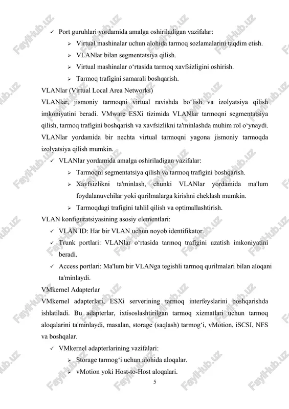 lmasining ishonchliligi va samaradorligiga to‘g‘ridan-to‘g‘ri ta'sir ko‘rsatadi. quyida virtual tarmoqni optimallashtirish va xavfsizlikni ta'minlashda qo‘llaniladigan asosiy usullar va texnologiyalar keltirilgan: tarmoq trafigini optimallashtirish: tarmoq trafigini optimallashtirish, resurslardan samarali foydalanishni ta'minlash va tizimni yuklanishdan saqlash uchun zarur. vmware esxi tizimi bu jarayonni amalga oshirish uchun bir nechta vositalarni taklif etadi: · traffic shaping (trafikni shakllantirish): traffic shaping yordamida tarmoq trafigi ma'lum bir protokol yoki trafik turiga qarab tartibga solinadi. masalan, ba'zi virtual mashinalar uchun yuqori prioritetli tarmoq aloqasi, boshqalari uchun esa pastroq prioritetni o‘rnatish mumkin. bu resurslarni samarali taqsimlashni va tarmoq trafigini muvozanatlashni ta'minlaydi. · load balancing (yukni taqsimlash): tarmoqning bir nechta portlari o‘rtasida trafikni taqsimlash orqali, tarmoqdagi ortiqcha yukdan saqlanish mumkin. vmware esxi tizimi, yukni samarali taqsimlash uchun ko‘plab usullarni qo‘llab-quvvatlaydi. bu, ayniqsa, ko‘p foydalanuvchilarga ega tizimlarda tarmoqni yanada samarali ishlashini ta'minlaydi. · link aggregation (ulanishlarni yig‘ish): link aggregation yordamida bir nechta jismoniy tarmoq portlari bitta virtual port sifatida ishlashi …