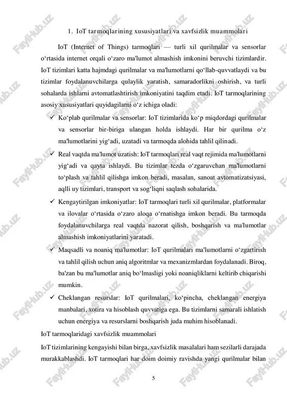 qurilmalar sonini oshirish bilan birga yanada murakkablashmoqda. tarmoqni segmentlash orqali xavfsizlikni kuchaytirish, noxush holatlarni izolyatsiya qilish va tarmoqdagi hujumlarga qarshi choralar ko‘rish mumkin. shuning uchun iot tarmoqlarida xavfsizlikni ta'minlash uchun samarali strategiyalar va texnologiyalarni qo‘llash zarur. tarmoqni segmentlash, autentifikatsiya va shifrlash kabi usullar orqali, iot tizimlarida ma'lumotlarning xavfsizligi va butun tizimning ishonchliligi ta'minlanishi mumkin. 7 2. tarmoqni segmentlash va uning xavfsizlikka ta'siri tarmoqni segmentlash – bu katta tarmoqni kichikroq, mustaqil ishlov beriladigan bo‘limlarga bo‘lish jarayonidir. bu yondashuv orqali tarmoqning samaradorligini oshirish, xavfsizlikni kuchaytirish va muammolarni izolyatsiya qilish mumkin. tarmoq segmentlari alohida boshqariladi, shu bilan birga ular orasidagi aloqalar va ma'lumot almashinuvi maxsus qoidalarga asoslanadi. tarmoq segmentlashning asosiy maqsadi tarmoqning murakkabligini boshqarish, tarmoqni tezda tiklash va xavfsizlikni ta'minlashdir. tarmoq segmentlashning xavfsizlikka ta'siri tarmoqni segmentlashning xavfsizlikka bir qancha foydali ta'sirlari mavjud. bu yondashuvning xavfsizlikka ta'sirini quyidagi jihatlardan ko‘rib chiqish mumkin:  izolyatsiya va xavfsizlikning oshishi: tarmoqni segmentlash orqali tizimdagi biror bir segmentga …