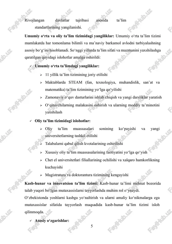 o‘yicha olib borilayotgan islohotlar natijasida ta’lim sifati yaxshilanmoqda, o‘quvchilarning ilm-fan va zamonaviy texnologiyalarni o‘rganish imkoniyatlari kengaymoqda. bu esa kelajakda mamlakatning iqtisodiy va ilmiy salohiyatini oshirishga xizmat qiladi.[footnoteref:3] [3: o‘zbekiston respublikasi "ta’lim to‘g‘risida"gi qonuni. – toshkent, 2020. ] 2. sog‘liqni saqlash tizimidagi islohotlar sog‘liqni saqlash tizimi har qanday davlatning barqaror rivojlanishi va ijtimoiy farovonligini ta’minlashda asosiy omillardan biri hisoblanadi. o‘zbekistonda ushbu sohada keng ko‘lamli islohotlar amalga oshirilib, zamonaviy tibbiy xizmatlarni joriy etish, sog‘liqni saqlash muassasalarining moddiy-texnik bazasini yaxshilash va aholi uchun sifatli tibbiy xizmatlarni ta’minlashga alohida e’tibor qaratilmoqda. so‘nggi yillarda davlat tomonidan tibbiyot sohasini rivojlantirishga qaratilgan qator qarorlar qabul qilinib, ularning amaliy natijalari yaqqol sezilmoqda. davlat tibbiyot muassasalarining modernizatsiyasi: o‘zbekistonda sog‘liqni saqlash tizimini isloh qilish jarayonida davlat tibbiyot muassasalarining moddiytexnik bazasini mustahkamlash va zamonaviy texnologiyalar bilan ta’minlash ustuvor yo‘nalishlardan biri hisoblanadi. · asosiy o‘zgarishlar: · yangi ixtisoslashtirilgan tibbiyot markazlarining ochilishi · hududiy shifoxona va poliklinikalarning rekonstruksiya qilinishi · shoshilinch tibbiy yordam …