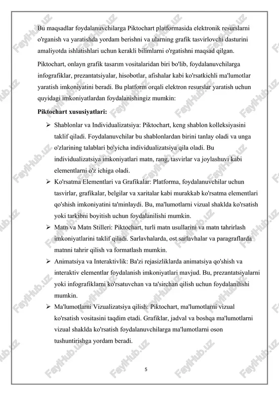 va ularni boshqarish imkoniyatiga ega bo'lasiz. asosiy oynalar: bu bo'limda siz loyihalarni tanlash, ularga kirish va ularga dastlabki sozlamalarni o'zgartirish imkoniyatiga egasiz. bu oynalar yordamida siz loyihalarni moslashtirish, o'zgartirish va ularga yangi ma'lumotlarni qo'shish imkoniyatlariga egasiz. elementlar va al'fbovarlar: bu qism piktochart platformasining ishlatiladigan elementlar, al'fbovarlar, grafiklar, shablonlar va oddiy geometrik shakllarning ro'yxatini taqdim etadi. bu orqali siz loyihalarga moslashtirish uchun elementlarni qo'shish va ularga o'zgartirishlarni amalga oshirish imkoniyatiga egasiz. dizayn vositalari: boshqaruv panelida siz ranglarni tanlash, fonlarni o'zgartirish, matnni moslashtirish, shablonlarni qo'llash va boshqa dizayn vositalaridan foydalanish imkoniyatiga egasiz. bu vositalar loyihalarni o'zgartirish va ularga ko'rsatish uchun juda muhimdir. export va saqlash: piktochart interfeysi orqali siz loyihalarni pdf, png yoki jpg shakllarida eksport qilish imkoniyatiga egasiz. shuningdek, loyihalarni piktochart platformasida saqlash va ularni qayta ko'rish imkoniyatiga ega bo'lasiz. boshqaruv paneli sizning loyihalarni boshqarish va ularni tahrirlash jarayonini osonlashtiradi va dizayn jarayonida sizga ko'maklashadi. bu panel piktochart foydalanuvchilariga loyihalarni o'zgartirish …