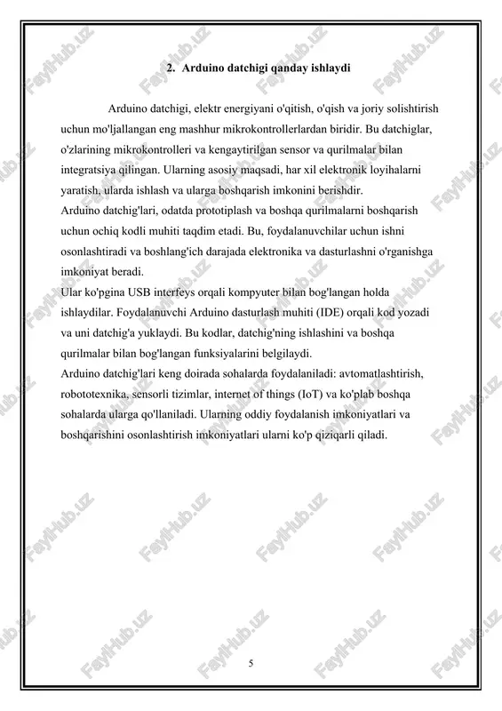 xususiyatlar esa piezoelementlarni sensorlar, ultrasonik qurilmalar, akustik cihazlar va boshqa texnik muammolarni yechish uchun foydalanishga imkon beradi. bunday o'zgarishlar, piezoelektrik materialning strukturasiga, uni bosqichlanishiga va uning kimyoviy xususiyatlariga bog'liq. bu effekt ulgurash, tashqi kuchlar yoki to'qnashuvlar bilan piezoelementlarga kuch taqdim etish orqali mehanik energiyani elektr energiyaga o'zgartirish imkonini beradi. bu jarayonlar esa ulardan foydalanib, piezoelementlarni energiya olish, sensor ishlab chiqish, ultrasonik cihazlar yaratish, qurilmalarni boshqarish va boshqa ko'plab sohalarda qo'llash imkonini beradi. 5. arduino datchigi va piezoelementni birga ishlatish haqida qanday kod yozish mumkin arduino datchig'i va piezoelementni birga ishlatish uchun kod yozish oson va arzon bo'lishi mumkin. piezoelementni arduino datchig'i bilan bog'lash uchun quyidagi oddiy kod misolini ko'rsataman: const int piezopin = a0; // piezoelementni analog ko'rsatkichiga bog'lash uchun pin void setup() { serial.begin(9600); // seriayl komunikatsiyani boshlash } void loop() { int sensorvalue = analogread(piezopin); // piezoelementdan ma'lumot olish serial.println(sensorvalue); // ma'lumotlarni serial monitorga yozish delay(100); // 100 …