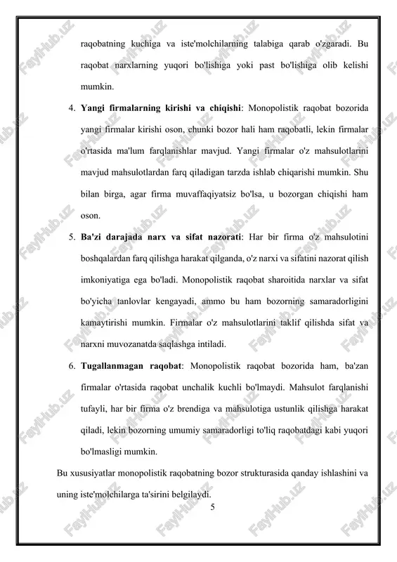 iqtisodiy foydani oshirishi mumkin. biroq, narxlarning yuqoriligi iste'molchilar uchun noqulay bo'lishi mumkin, ayniqsa, yuqori sifatli mahsulotlarni arzon narxda olishni xohlasalar. shu tarzda, monopolistik raqobatning iqtisodiy ta'sirlari ikki tomonlama bo'lishi mumkin: bir tomondan, bu bozor sharoitida firmalar o'z mahsulotlarini farqlash orqali innovatsiyalarni va diversifikatsiyani rivojlantiradilar, boshqa tomondan esa narxlar yuqori bo'lib, samaradorlikni kamaytirishi mumkin. bozorning samarali ishlashi va iste'molchilarning manfaatlari uchun davlatning tartibga solish roli muhim bo'ladi. 3. monopolistik raqobat va davlat tartibga solish monopolistik raqobatning bozorga ta'siri, firmalar o'rtasidagi raqobat va iste'molchilarga beradigan imkoniyatlar bilan bir qatorda, davlat tartibga solishining muhim ahamiyatga ega ekanligini ko'rsatadi. davlatning tartibga solish roli monopolistik raqobat sharoitida samarali bozor muhitini yaratish, iste'molchilarning huquqlarini himoya qilish va bozorning barqarorligini ta'minlashga qaratilgan. quyida monopolistik raqobat va davlat tartibga solish o'rtasidagi aloqalar ko'rib chiqiladi: 1. bozorning samaradorligini ta'minlash: davlat monopolistik raqobat bozorida bozor samaradorligini oshirish uchun muhim rol o'ynaydi. bu, asosan, monopolistik raqobatning ta'sirini kamaytirish va bozorni yanada …