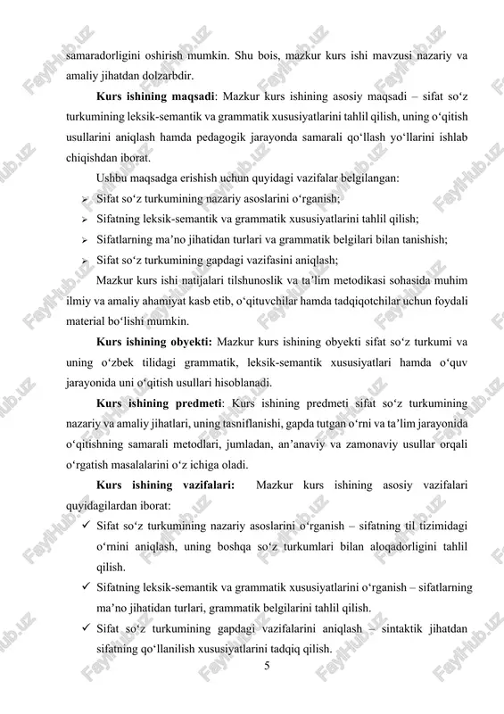 i o‘rganish. · zamonaviy pedagogik texnologiyalar yordamida sifat soʻz turkumini oʻrgatish metodikasini ishlab chiqish – interfaol, innovatsion va amaliy metodlarni taʼlim jarayonida qo‘llash bo‘yicha tavsiyalar berish. mazkur vazifalar bajarilishi orqali sifat soʻz turkumi va uning oʻqitish metodikasi keng yoritiladi hamda amaliy tavsiyalar ishlab chiqiladi. kurs ishining nazariy ahamiyati: mazkur kurs ishi sifat soʻz turkumining leksik-semantik va grammatik xususiyatlarini chuqur tadqiq qilish, uning til tizimidagi oʻrnini aniqlash hamda oʻqitish metodikasi bo‘yicha nazariy asoslarni ishlab chiqishga xizmat qiladi. ushbu ish doirasida sifat soʻz turkumining tasnifi, sintaktik vazifalari va semantik xususiyatlari haqida ilmiy asoslangan xulosalar beriladi. shuningdek, sifatni oʻqitish usullari tahlil qilinib, ta’lim jarayonida undan samarali foydalanish bo‘yicha nazariy yondashuvlar ilgari suriladi.[footnoteref:3] [3: o‘zbekiston respublikasi prezidentining 2022-yil 12-noyabrdagi pq-6798-sonli qarori. o‘zbekiston respublikasining yangi fonetik va fonologik tadqiqotlarni rivojlantirishga oid masalalar bo‘yicha qabul qilingan qaror. toshkent: o‘zbekiston respublikasi prezidentining qarori, 2022. – 30-45 betlar. ] kurs ishining nazariy natijalari tilshunoslik fanining soʻz turkumlari haqidagi …