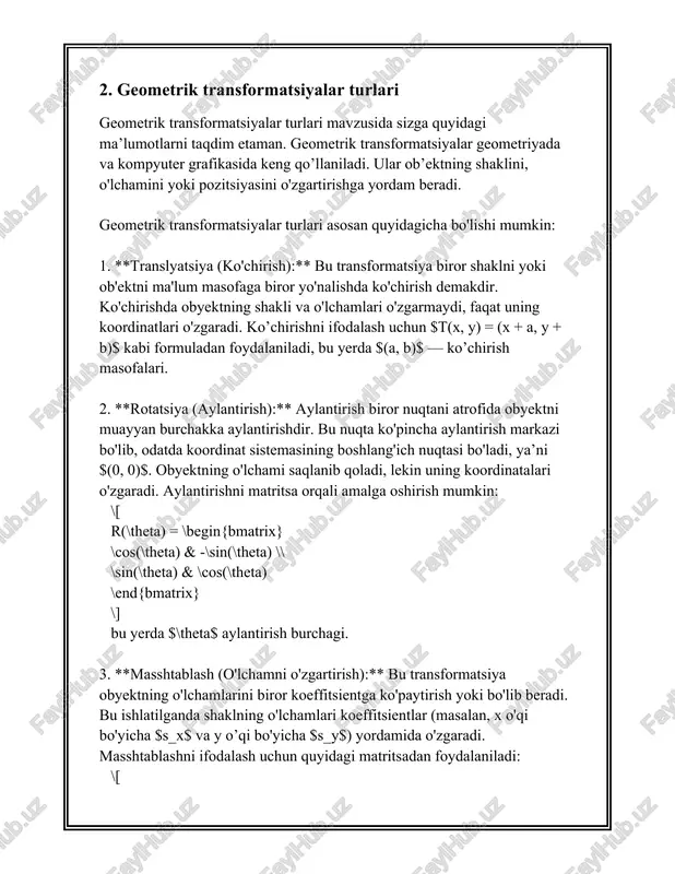 ar bir-biridan ayiriladi. - **ko'paytirish**: agar `a` matritsa `m x n` va `b` matritsa `n x p` bo'lsa, u holda `a` va `b` ni ko'paytirish natijasi bo'lib `m x p` o'lchamdagi yangi matritsa hosil bo'ladi. 4. **matritsani teskari qilish**: - kvadrat matritsa uchun (ular teng o'lchovlarga ega bo'lsa), teskari matritsa (agar mavjud bo'lsa) hisoblanishi mumkin. `a` matritsa teskari, faqat `a * a^(-1) = i` bo'lsa, ya’ni `i` - birlik matritsa bo'lsa mavjud. 5. **determinant**: kvadrat matritsaga nom berilgan son bo'lib, bu matritsa teskari bo'lishi mumkinmi yoki yo'qmi belgilaydi. determinant `0` bo'lsa, matritsa teskari emas. 6. **amaliy qurilish**: - **grafika**: kompyuter grafikasida matritsalar ko'pincha 2d va 3d tasvirlar bilan ishlashda, masalan, aylanma, surat olish va chizish uchun. - **muhandislik va ilg'or ilmiy hisob-kitob**: matritsalar fizikaviy va mexanik tizimlarni modellashtirishda, shuningdek, statistikada va iqtisodiy matematikada keng qo'llaniladi. - **ma'lumotni kodlash va dizayn**: kodlash nazariyasi va signalni qayta ishlashda. 7. **matritsalar tarixi**: - …