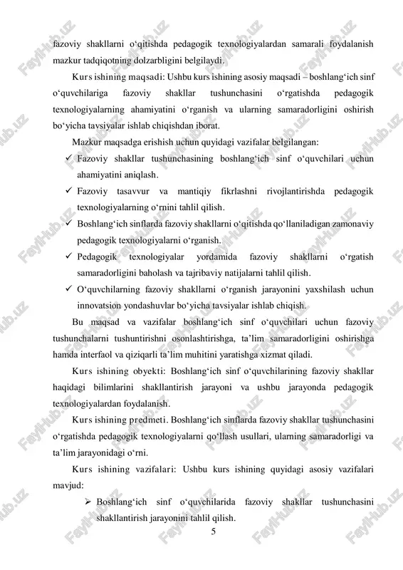 hining nazariy ahamiyati: ushbu tadqiqot boshlangʻich sinflarda fazoviy shakllar tushunchasini oʻrgatish bo‘yicha ilmiy-nazariy asoslarni mustahkamlashga xizmat qiladi. tadqiqot natijalari pedagogika va metodika sohasida fazoviy fikrlashni rivojlantirishning samarali usullarini aniqlashga yordam beradi. shuningdek, pedagogik texnologiyalarning oʻquv jarayoniga taʼsiri va ularning boshlangʻich taʼlimdagi oʻrnini chuqurroq oʻrganish imkonini beradi. mazkur ish taʼlim sifatini oshirishga qaratilgan nazariy yondashuvlarni boyitib, kelajak tadqiqotlar uchun ilmiy asos yaratadi.3 kurs ishining tuzilmasi: tadqiqot quyidagi bo‘limlardan iborat: uchta bob , 6 ta bo‘lim , xulosa , foydalanilgan adabiyotlar va foydalanilgan saytlardan iborat. 3 o‘zbekiston respublikasi prezidentining 2021 yil 19 martdagi "pedagogik kadrlarning malakasini oshirish va ta’lim sifatini yanada yaxshilash to‘g‘risida"gi pq-5065-sonli qarori. 7 i bob. boshlangʻich sinf oʻquvchilarida fazoviy shakllar tushunchasini shakllantirish 1.1. fazoviy shakllar tushunchasi va ularning matematika fanidagi oʻrni fazoviy shakllar – atrof-muhitdagi jismlarning geometrik xususiyatlarini tavsiflovchi asosiy tushunchalardan biri hisoblanadi. ular turli shakl, oʻlcham va hajmga ega boʻlib, real hayotdagi obyektlarning modellarini yaratish, tahlil qilish va …