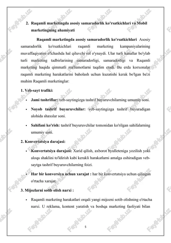 umiy taassurotlar soniga nisbatan foizi. 6. qaytish darajasi: · faqat bitta sahifani ko'rgandan so'ng veb-saytni tark etgan tashrif buyuruvchilarning foizi, bu ochilish sahifasining sifati va dolzarbligini ko'rsatadi. 7. mijozning umr bo'yi qiymati : · mijozning butun hayoti davomida olgan umumiy daromadi. bu yangi mijozni sotib olishning uzoq muddatli qiymatini tushunishga yordam beradi. 8. ijtimoiy tarmoqlarga kirish: · yoqtirishlar, baham ko'rishlar, sharhlar: ijtimoiy media postlari bilan o'zaro ta'sir va ishtirok darajasini o'lchaydi. · obunachilarning o'sish sur'ati: ma'lum bir davr mobaynida ijtimoiy tarmoqlardagi obunachilaringizning o'sish sur'ati. 9. elektron pochta marketingi ko'rsatkichlari: · ochiq stavka: elektron pochta kampaniyasini ochgan oluvchilar foizi. · click-through rate : e-pochtadagi bir yoki bir nechta havolalarni bosgan elektron pochta qabul qiluvchilarining foizi. 10. qidiruv tizimi reytinglari: · kalit so'zlar reytingi: qidiruv tizimi natijalaridagi aniq kalit so'zlar uchun veb-saytingizning o'rni. · organik trafik: organik qidiruv natijalari orqali veb-saytingizga tashrif buyuruvchilar soni. 11. mijozlarni ushlab turish darajasi: · muayyan davr …