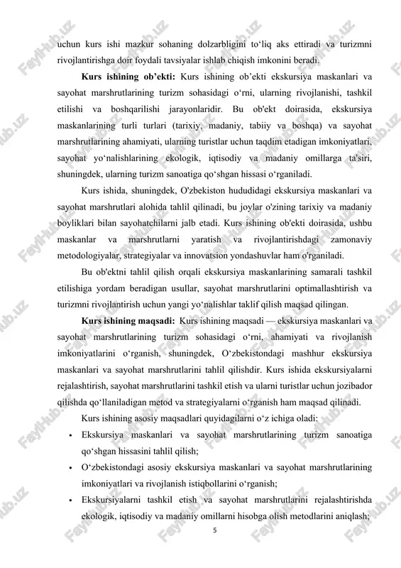 larini rejalashtirishda ekologik, iqtisodiy va madaniy omillarni hisobga olish metodlarini aniqlash; · sayohat marshrutlari va ekskursiya maskanlarining turizm sohasini yanada rivojlantirishga qanday hissa qo‘shishi mumkinligini ko‘rsatish; · ekskursiya maskanlari va sayohat marshrutlarini ishlab chiqish va yangilash bo‘yicha takliflar ishlab chiqish. ushbu maqsadlar orqali kurs ishi turizm sohasida ilmiy yondashuvni amalga oshirishga va o‘zbekistonning turizm salohiyatini oshirishga xizmat qiluvchi takliflarni ishlab chiqishga yo‘naltirilgan.[footnoteref:2] [2: o‘zbekiston respublikasining “turizm to‘g‘risida”gi qonuni. qonun hujjatlari ma’lumotlari milliy bazasi, 19.07.2019 y., 03/19/549/3446-son ] kurs ishining vazifalari: kurs ishining vazifalari ekskursiya maskanlari va sayohat marshrutlarini turizm sohasida rivojlantirishga doir chuqur tahlil va takliflarni ishlab chiqish uchun quyidagicha belgilangan: · ekskursiya maskanlarining turli turlarini aniqlash va ularning ahamiyatini tahlil qilish · ekskursiya maskanlarining madaniy, tarixiy, tabiiy va boshqa turlarini o'rganish. · har bir turdagi ekskursiya maskanlarining sayohatga ta'sirini va turistlar uchun afzalliklarini tahlil qilish. · sayohat marshrutlarini ishlab chiqishda asosiy prinsiplarga to'xtalib o'tish · sayohat marshrutlarini tanlashda e'tiborga …