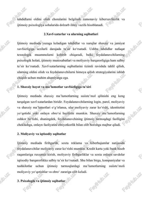 yuzaga keladigan cyberbullying (onlayn zo‘ravonlik), tahdidli xabarlar, trollar va doimiy ma’lumot oqimi foydalanuvchida stressni kuchaytiradi. doimiy ravishda ijtimoiy tarmoqdagi faoliyatga bog‘lanish, o‘zini boshqa foydalanuvchilar bilan solishtirish va ijobiy javob kutish psixologik zo‘riqishning asosiy manbalaridan biridir. uzoq muddatli stress esa uyqusizlik, charchoq va ruhiy salomatlikning yomonlashishiga olib keladi. 2. depressiya va ruhiy tushkunlik ijtimoiy media faoliyatining ortiqcha yoki noto‘g‘ri ishlatilishi depressiya va ruhiy tushkunlik xavfini oshiradi. cyberbullying, kamsitish, tanqid va haqoratlar foydalanuvchida o‘zini past baholash, umidsizlik va motivatsiya yo‘qolishiga sabab bo‘ladi. tadqiqotlar shuni ko‘rsatadiki, ijtimoiy tarmoqlarda uzoq vaqt faol bo‘lgan foydalanuvchilar orasida ruhiy tushkunlik va bezovtalik darajasi ancha yuqori. 3. ijtimoiy izolyatsiya ijtimoiy media orqali yuzaga keladigan salbiy tajribalar, masalan, cyberbullying yoki manipulyatsiya, odamlarni ijtimoiy aloqalardan chekinishga majbur qilishi mumkin. bu esa real hayotdagi muloqotning kamayishiga, do‘stlar va oila bilan bog‘lanishning zaiflashishiga olib keladi. natijada, foydalanuvchi ijtimoiy izolyatsiyaga uchraydi, bu esa uning ruhiy va ijtimoiy moslashuv qobiliyatiga salbiy ta’sir ko‘rsatadi. 4. …