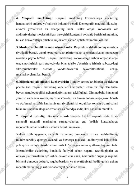 a asosiy samaradorlik ko'rsatkichlari asosiy samaradorlik ko'rsatkichlari raqamli marketing kampaniyalarining muvaffaqiyatini o'lchashda hal qiluvchi rol o'ynaydi. ular turli kanallar bo'ylab turli marketing tadbirlarining samaradorligi, samaradorligi va raqamli marketing haqida qimmatli ma'lumotlarni taqdim etadi. bu erda korxonalar raqamli marketing harakatlarini baholash uchun kuzatishi kerak bo'lgan ba'zi muhim raqamli marketinglar: 1. veb-sayt trafiki: · jami tashriflar: veb-saytingizga tashrif buyuruvchilarning umumiy soni. · noyob tashrif buyuruvchilar: veb-saytingizga tashrif buyuradigan alohida shaxslar soni. · sahifani ko'rish: tashrif buyuruvchilar tomonidan ko'rilgan sahifalarning umumiy soni. 2. konvertatsiya darajasi: · konvertatsiya darajasi: xarid qilish, axborot byulleteniga yozilish yoki aloqa shaklini to'ldirish kabi kerakli harakatlarni amalga oshiradigan veb-saytga tashrif buyuruvchilarning foizi. · har bir konversiya uchun xarajat : har bir konvertatsiya uchun qilingan o'rtacha xarajat. 3. mijozlarni sotib olish narxi : · raqamli marketing harakatlari orqali yangi mijozni sotib olishning o'rtacha narxi. u reklama, kontent yaratish va boshqa marketing faoliyati bilan bog'liq xarajatlarni sotib olingan yangi mijozlar soniga …