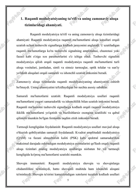 iqlikni ta'minlash, pirovardida bugungi o'zaro bog'langan dunyoda uzluksiz ulanish va aloqani osonlashtirish qobiliyatidadir. 2. samarali va ishonchli aloqa tizimlarini loyihalash uchun turli xil raqamli modulyatsiya usullarini tushunishning ahamiyati. samarali va ishonchli aloqa tizimlarini loyihalash uchun turli xil raqamli modulyatsiya usullarini tushunishning ahamiyatini oshirib bo'lmaydi. ushbu tushunchaning ahamiyatini ta'kidlaydigan bir nechta asosiy sabablar: optimal tizim dizayni: turli xil raqamli modulyatsiya texnikasi o'ziga xos xususiyatlarga ega, jumladan tarmoqli kengligi samaradorligi, shovqinga chidamlilik, spektral samaradorlik va murakkablik. ushbu xususiyatlarni tushunish muhandislarga ma'lum bir aloqa tizimi uchun eng mos modulyatsiya texnikasini tanlash imkonini beradi, bu esa muayyan talablar va cheklovlarga moslashtirilgan optimal tizim dizaynini ta'minlaydi. spektral samaradorlik: raqamli modulyatsiya usullari mavjud chastota spektridan samarali foydalanish qobiliyatiga qarab farqlanadi. yuqori spektral samaradorlikka ega modulyatsiya sxemalarini tanlab, muhandislar cheklangan tarmoqli kengligida ma'lumotlar uzatishni maksimal darajada oshirishi mumkin, bu aloqa resurslaridan samaraliroq foydalanish imkonini beradi va ma'lumotlarni uzatish uchun ortib borayotgan talabni qondiradi. shovqinga chidamlilik va xatolarni …